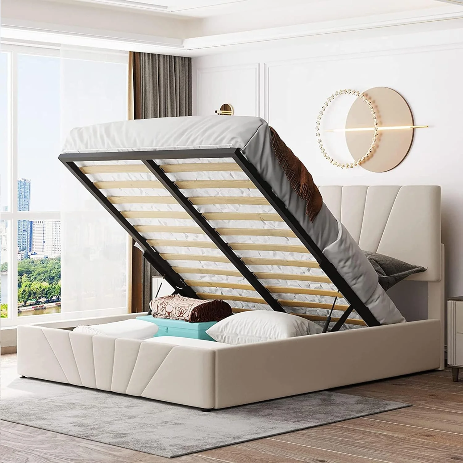 Upholsered Plaform Bed Frame Wih Sorage, Quee Size Bed Wih Gas Lif Up Sorage, Woode Sorage Bed Wih ufed Headboard Ad Hydraulic Sorage Sysem,Beige