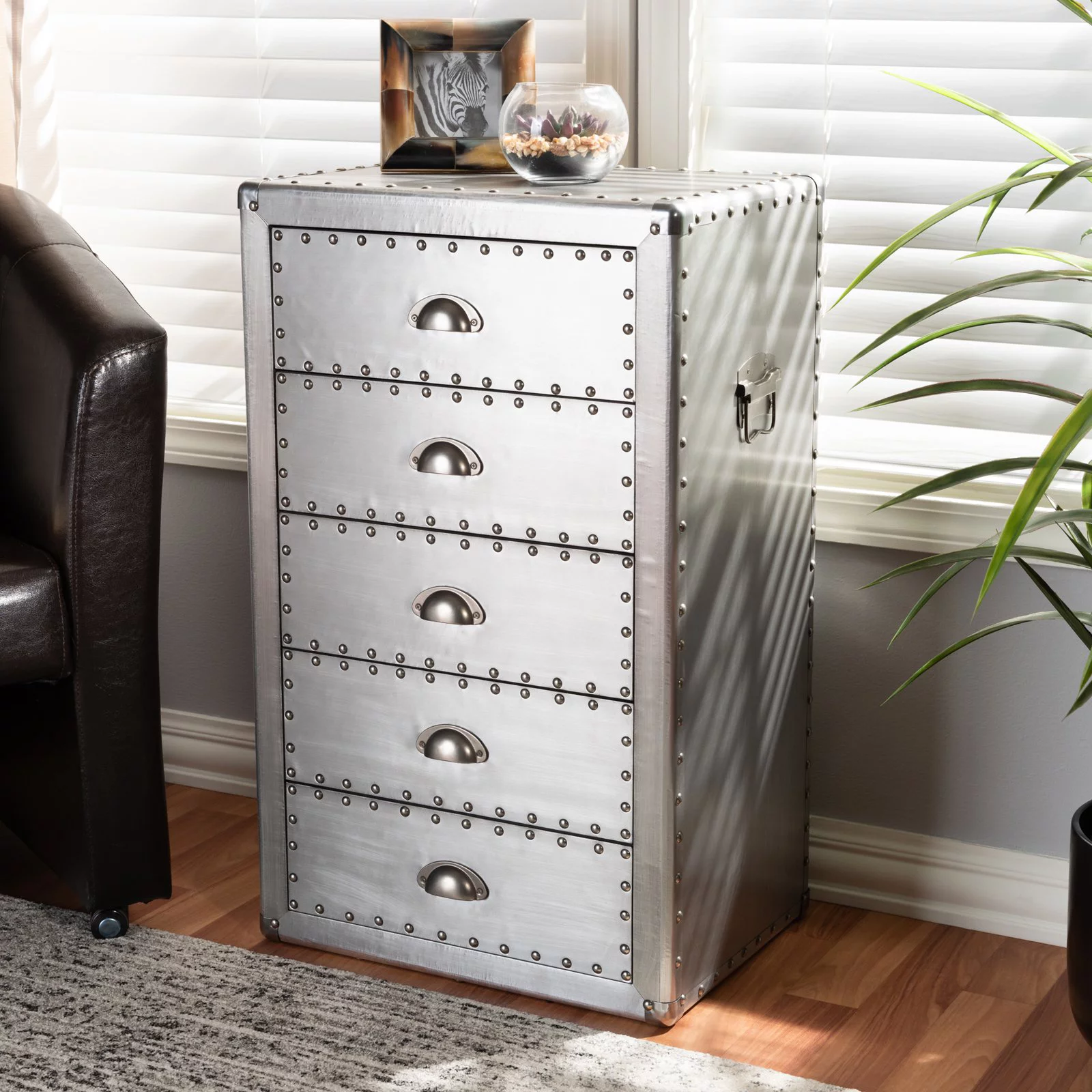 Baxton Studio Davet Mid-Century 5-Drawer Metal Accent Chest in Silver