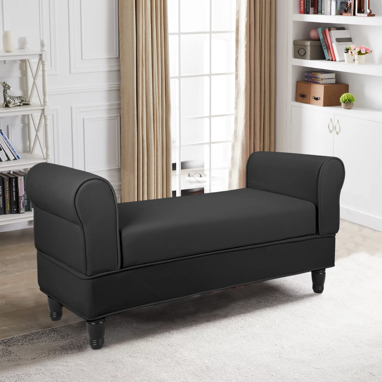 Hofitlead Storage Bench , Velure Rolled Arm Ottoman Storage Sofa , with 2 Ottoman Footstool,Black