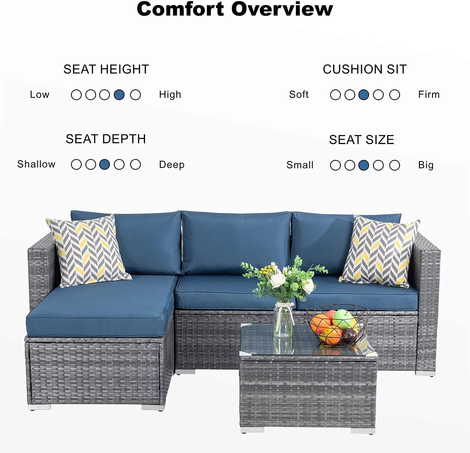 Walsunny 3 Piece Aegean Blue Outdoor Furniture Sectional Sofa Patio Set Silver Gray Rattan Wicker