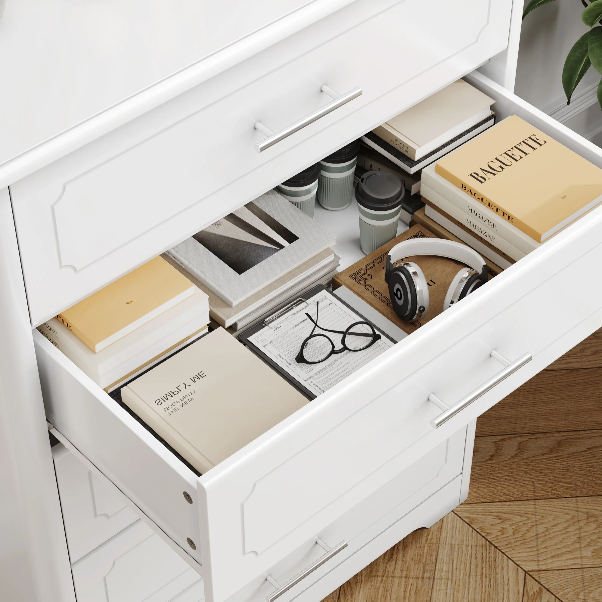 Homfa 5 Drawer White Dresser, Tall Nightstand Wooden Storage Cabinet with Metal Handles for Bedroom Living Room