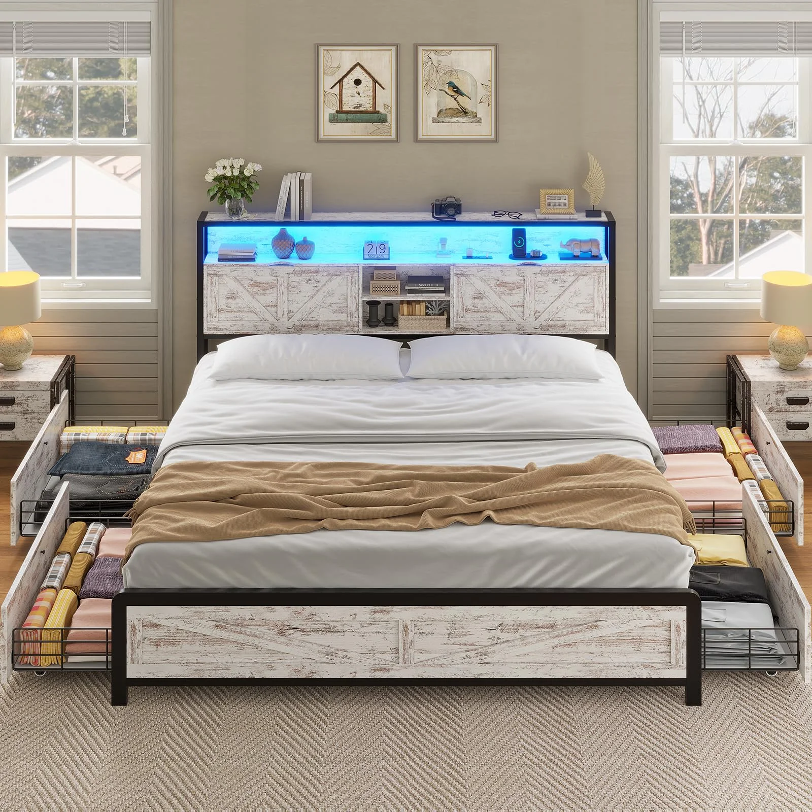 Queen LED Bed Frame with Charging Station and 4 Drawers, Metal Platform Bed Frame with Hidden Storage Headboard, No Box Spring Needed, Old White