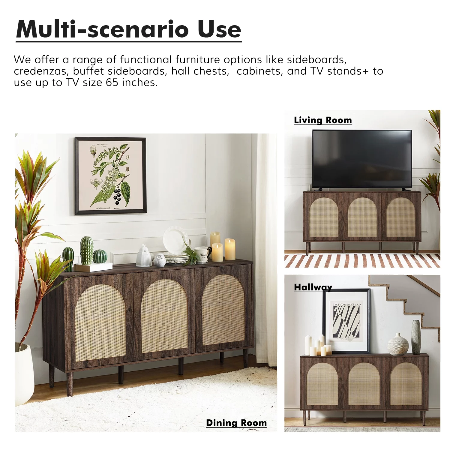 56'' Wood Rattan Arched 3 Doors Sideboard Buffet Cabinet Storage Credenza TV Stand Dining Metal Legs Home Kitchen Living Room Walnut