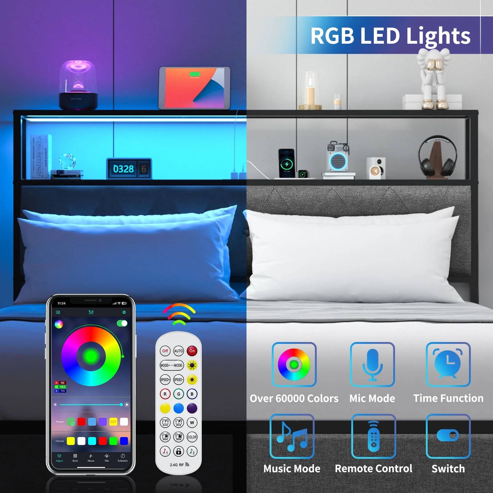 Yoobure Queen Bed Frame with Headboard, Metal Platform Bed Frame Queen Size, Heavy Duty Bed Frames with 2 Storage Drawers, Bedframe with Charging Station & LED Light, No Box Spring Needed, Noise Free