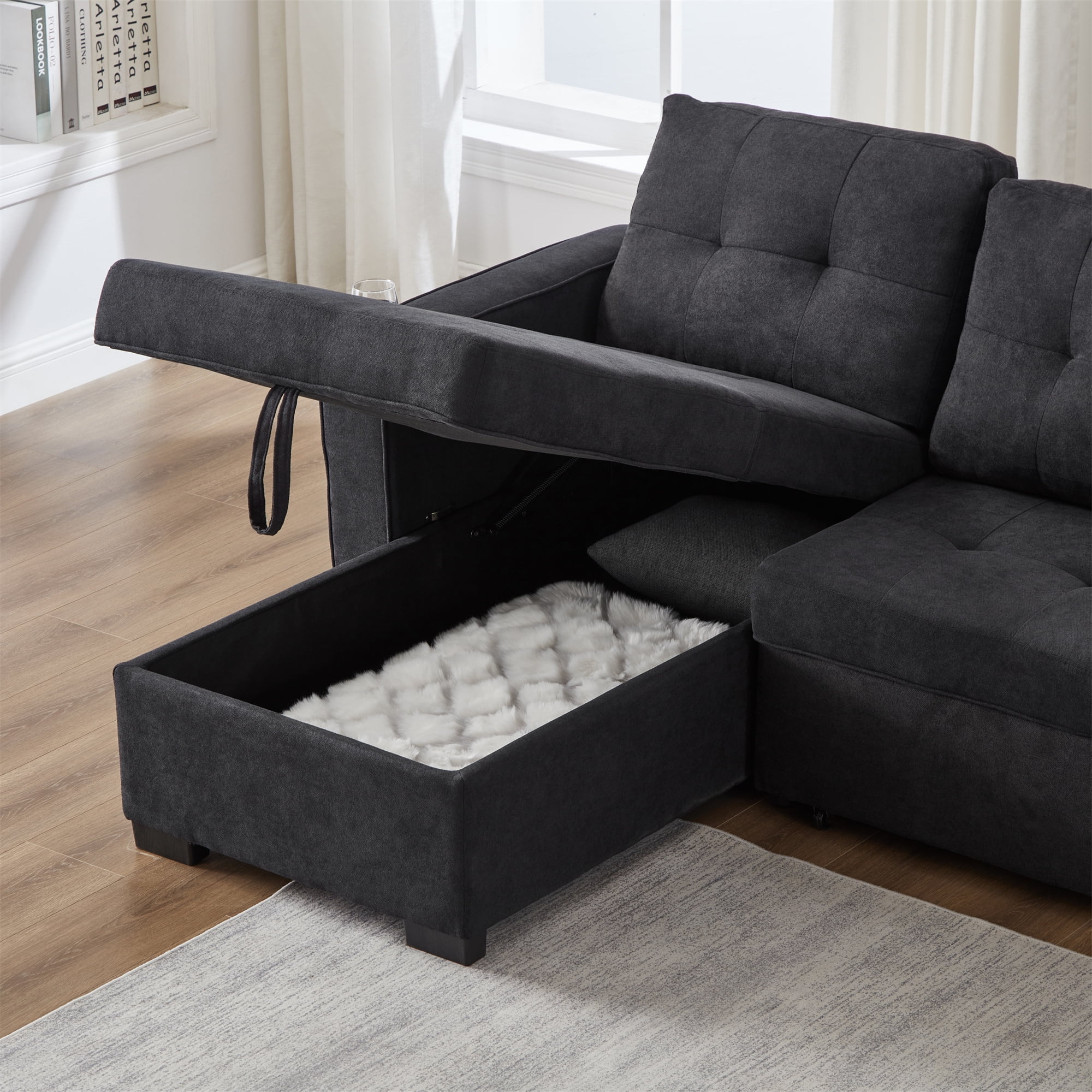 GEXPUSM Sleeper Sofa, Modern Convertible Black Sofa Bed with Pull Out Couch Bed, L Shaped Sofa with Storage Chaise, Linen Couches for Living Room