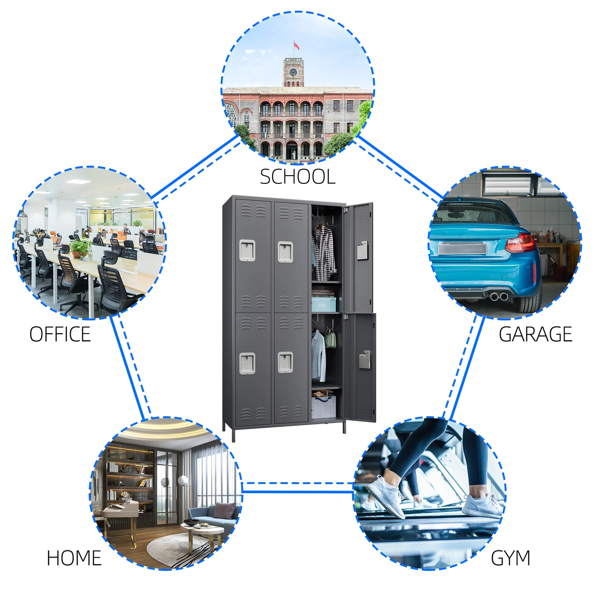 JAORD Metal Storage Locker with 6 Doors Large Steel Cabinet for Gym,Garage,Living Room,Office,School with Locking Doors