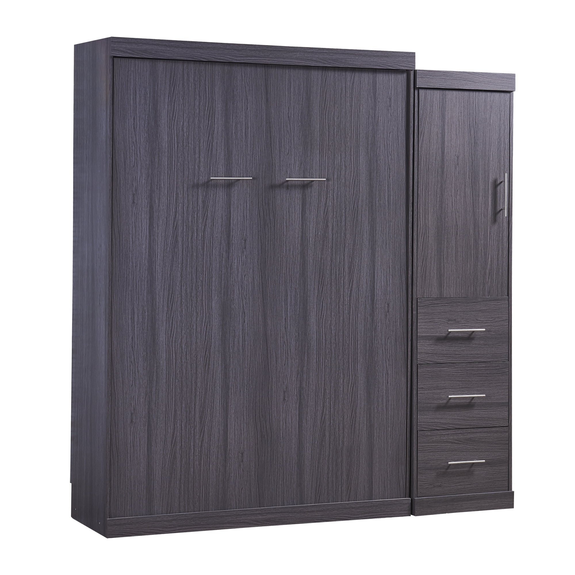Euroco Wood Full Size Murphy Wall Bed with Wardrobe and Drawers for Living Room, Moveable Wardrobe and Drawers, Space-Saving & Easy Open and Close, Gray