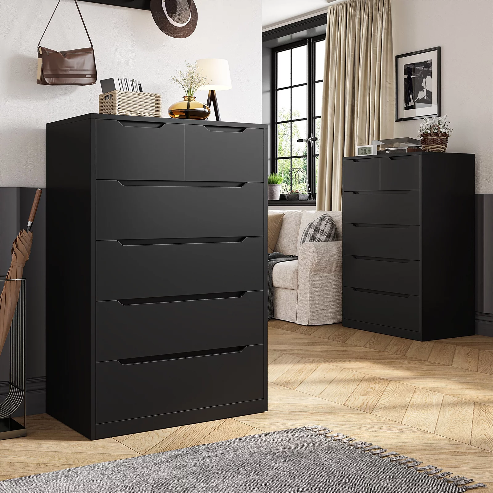 EnHomee Black Tall Dresser Wood 6 Drawer Dressers for Bedroom Wood Chest of Drawers with Smooth Metal Rail Large Dresser Modern Storage Cabinet for Home Office Living Room, 43.3