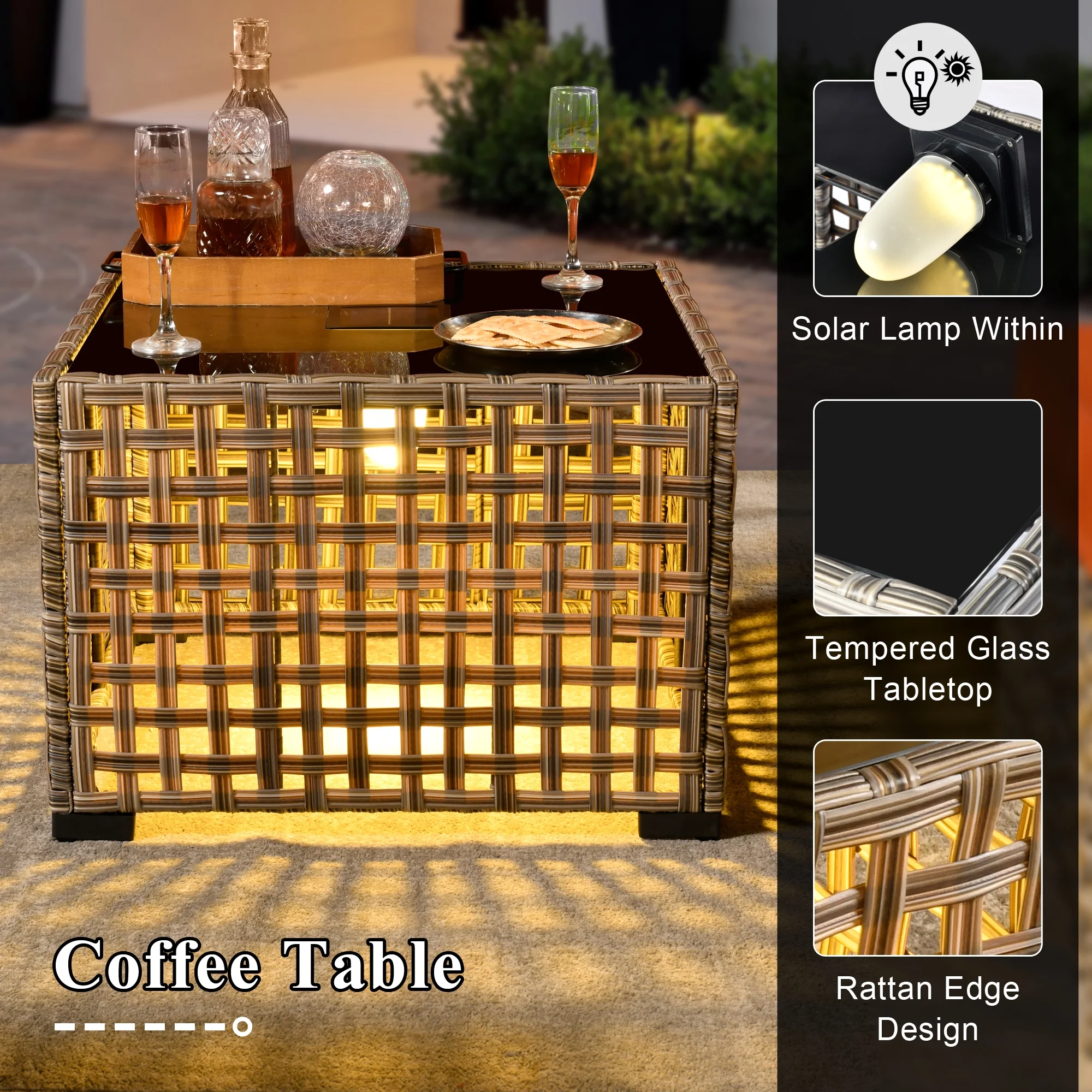 Vcatnet 5 Pieces Outdoor Patio Furniture All Weather Wicker High-Back Conversation Set with Rocking Swivel Chairs and Solar Lamp Coffee Table,Gray