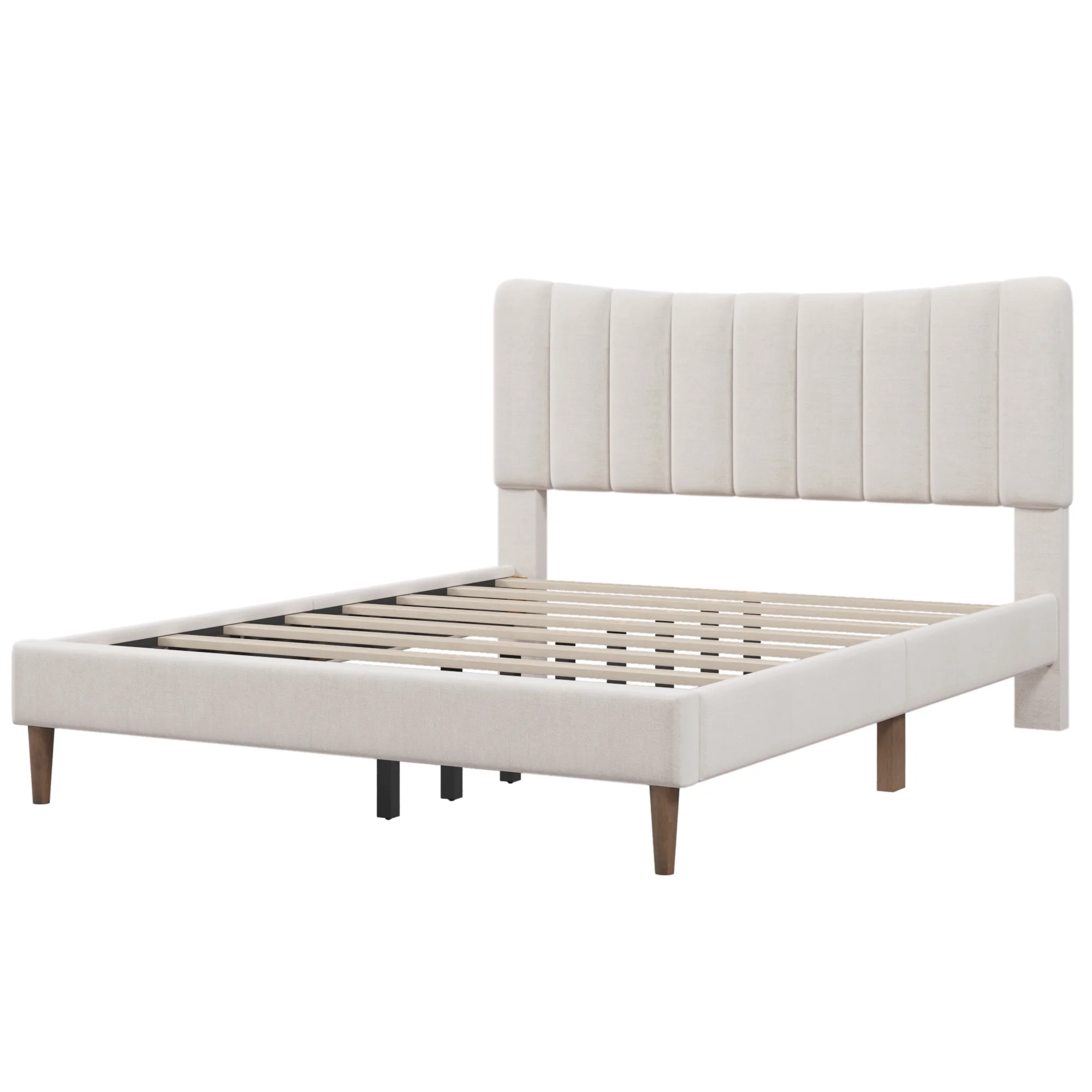 Paproos Queen Bed Frame with Headboard, Upholstered Platform Bed with Solid Wood Legs, No Box Spring Needed, Modern Bedroom Furniture Queen Size Bed for Teens Adults, 800lbs Capacity, Cream