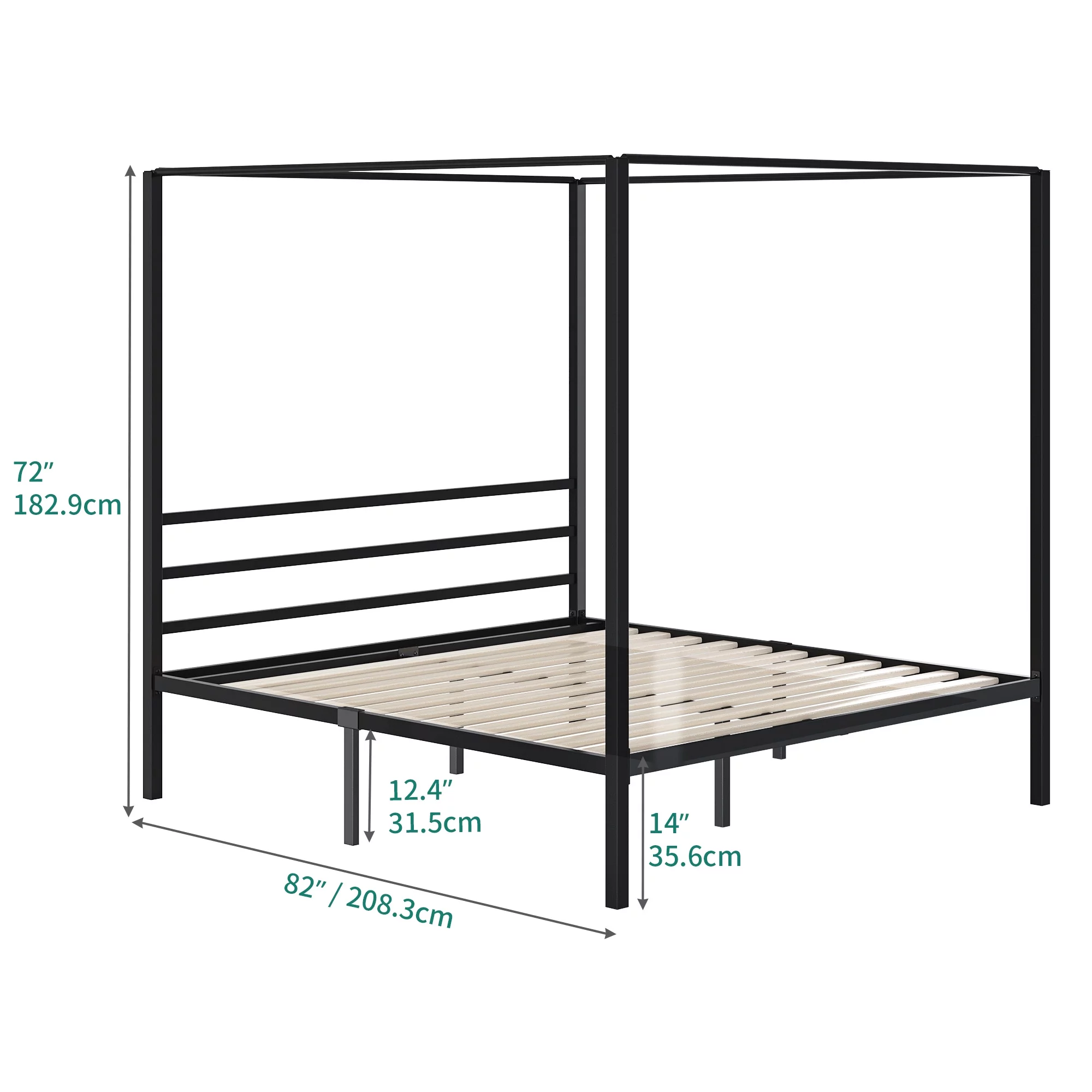 Dextrus King Size Black Canopy Bed Frame with Headboard, Mattress Foundation with Wooden Slats and Steel Structure, No Box Spring Needed