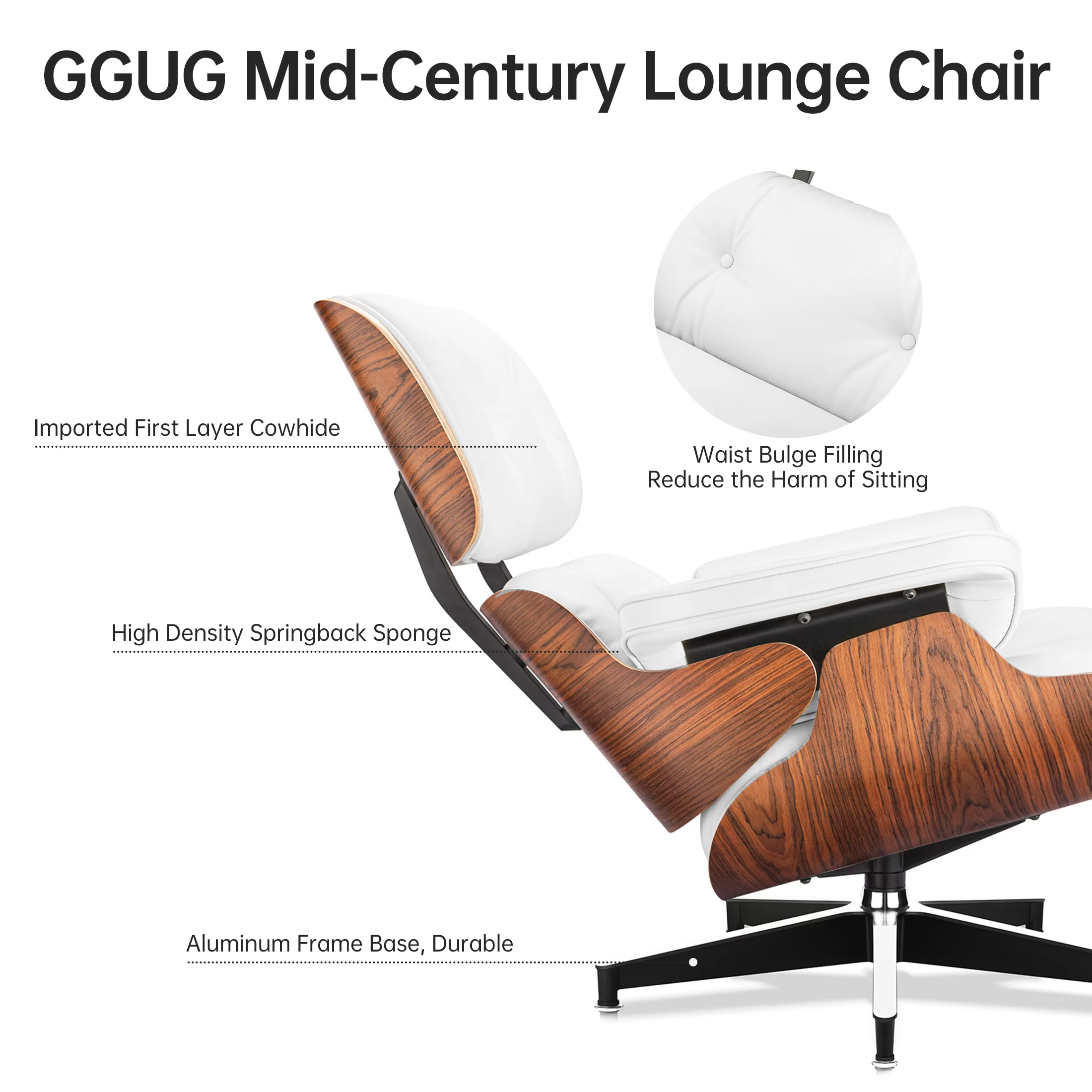 Mid Century Lounge Chair,Top Grain Leather Sofa for Living Room, Indoor Modern Lounge Chair and Ottoman Set, Chaise Lounge for Office, Study