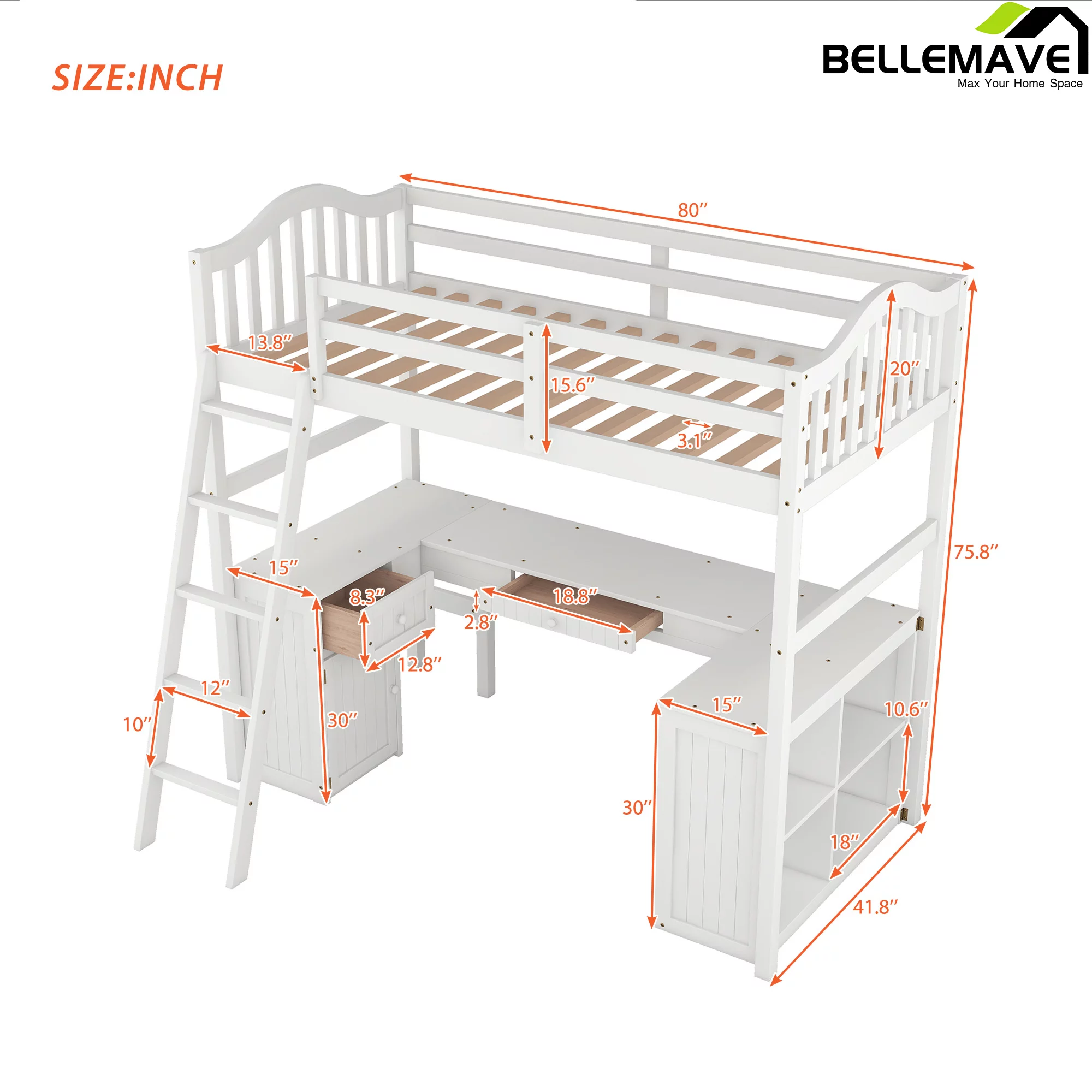 Bellemave Twin Size High Loft Bed with Desk and Drawers for Kids,Wooden Loft Bed Frame with Bookcase Shelves and Storage Cabinet for Kids,Teens,Adults,White