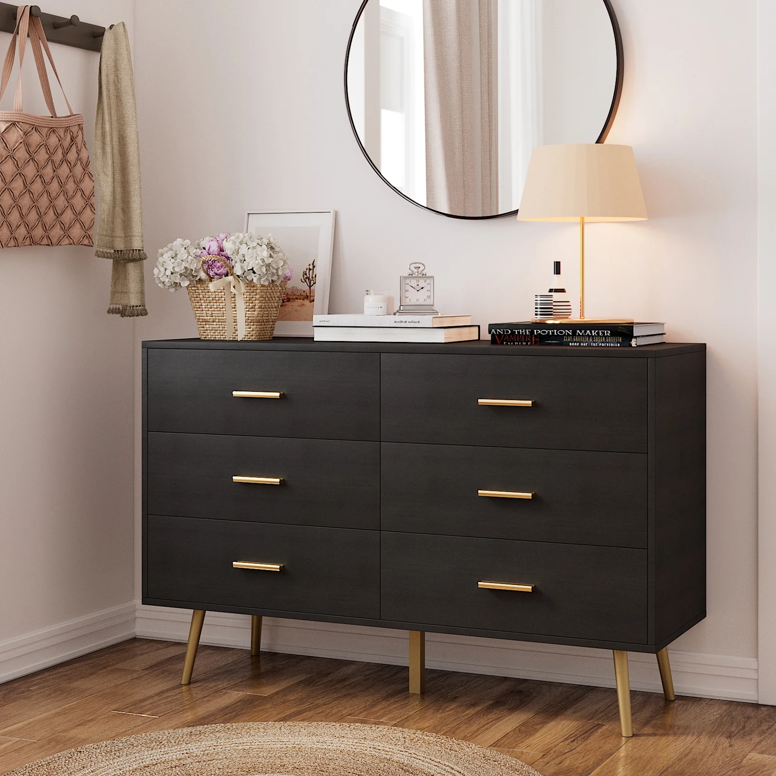 REHOOPEX Black Dresser for Bedroom, Wood Dressers & Colthes Chests of 6 Drawers for Home