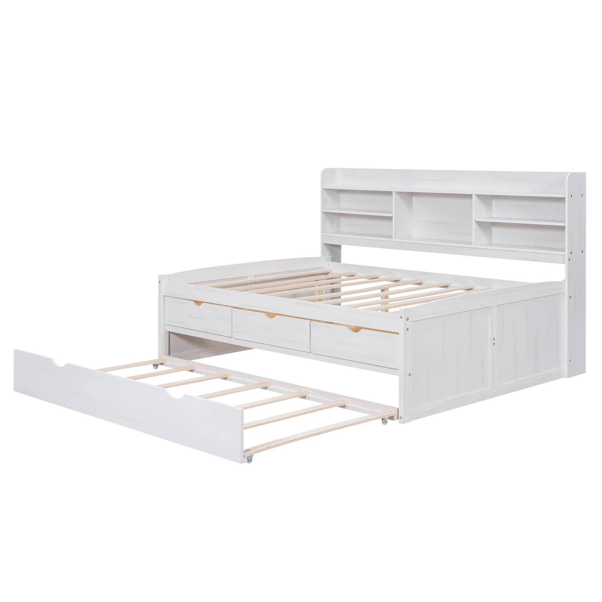 CoSoTower Full Size Wooden Captain Bed with Built-In Bookshelves,Three Storage Drawers and Trundle,White