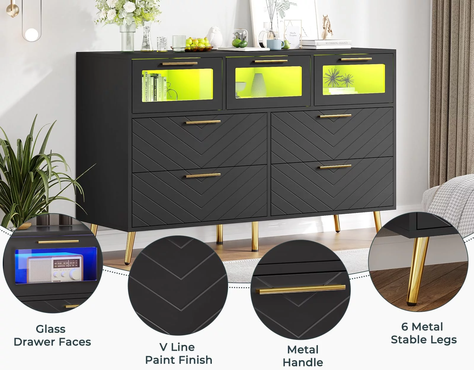 Black Dresser for Bedroom with RGB LED Lights,Modern 7 Drawer Dresser Chests of Drawer Storage Organizer for Living Room Closet
