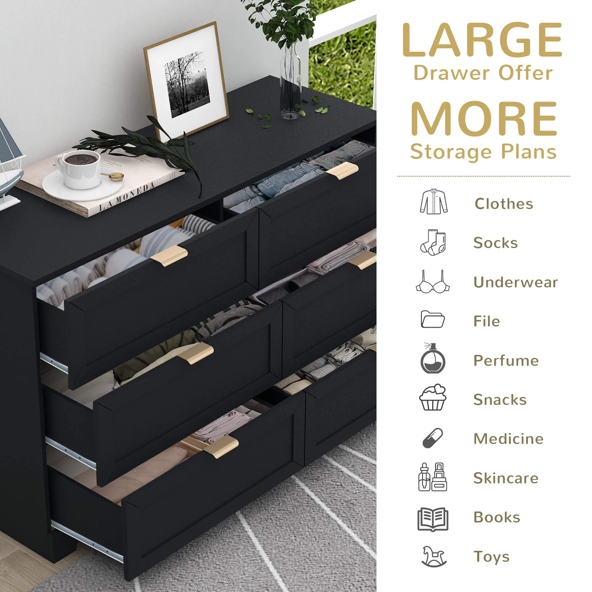 6 Drawer Dresser for Bedroom, Modern Long Dresser Chest With Large Drawer, Wooden Chest of Dresser Storage Cabinet Organizer Unit Black