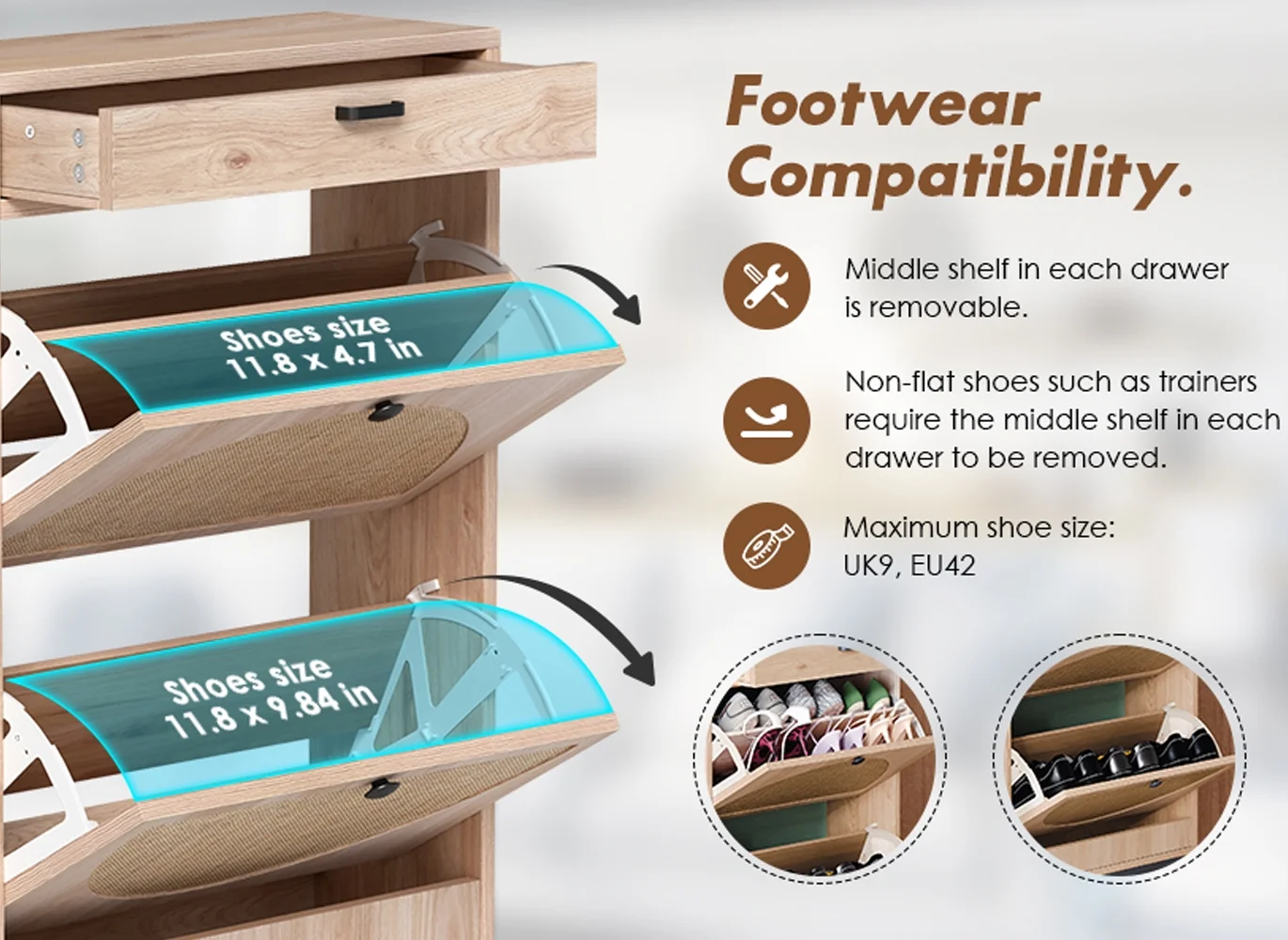 Brafab Shoe Storage Cabinet with 2 Flip Drawers and Open Shelf Natural Rattan Slim Shoe Organizer Rack Wooden Tipping Shoe Dresser Narrow Entrance Shoes Console with Metal Legs for Entryway, Hallway