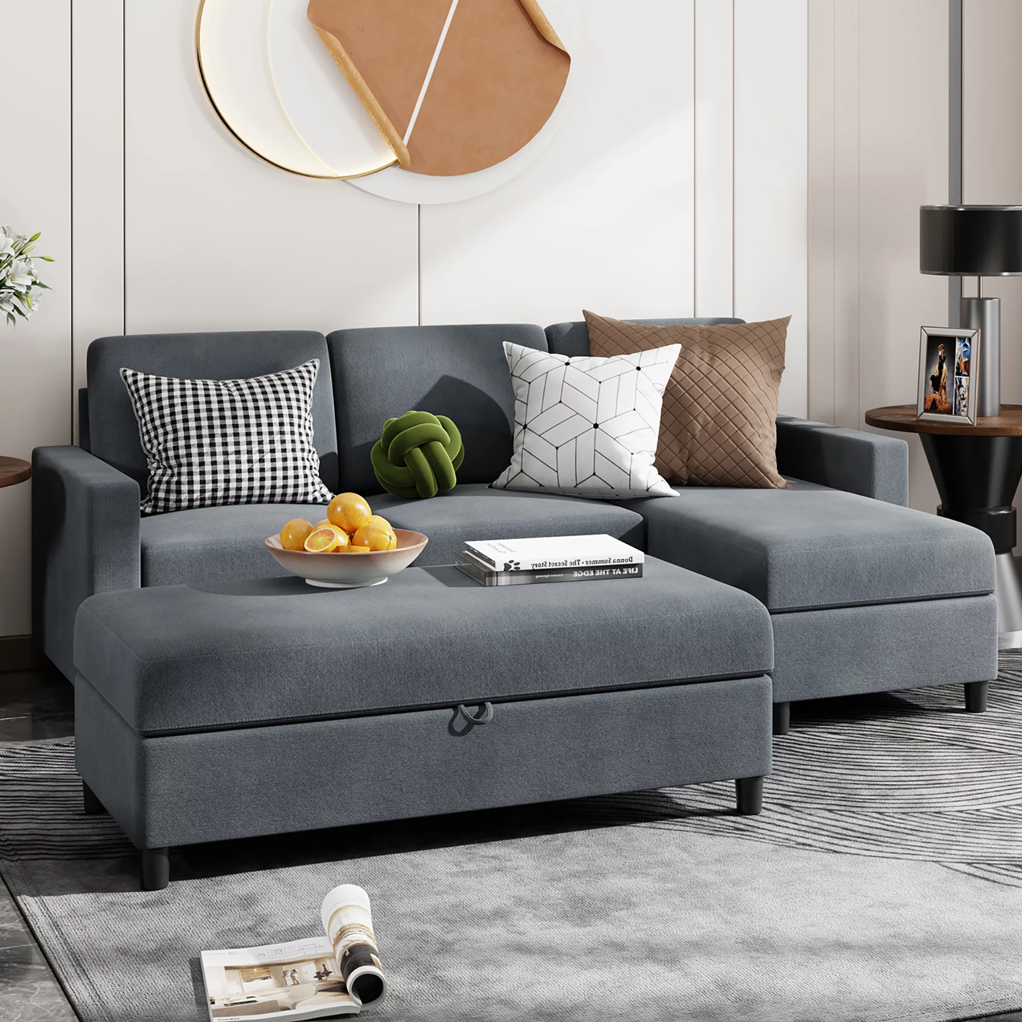 Convertible Sectional Sofa Couch with Storage Ottoman, L-Shaped Wide Reversible Chaise with Linen Fabric(Deep Grey)