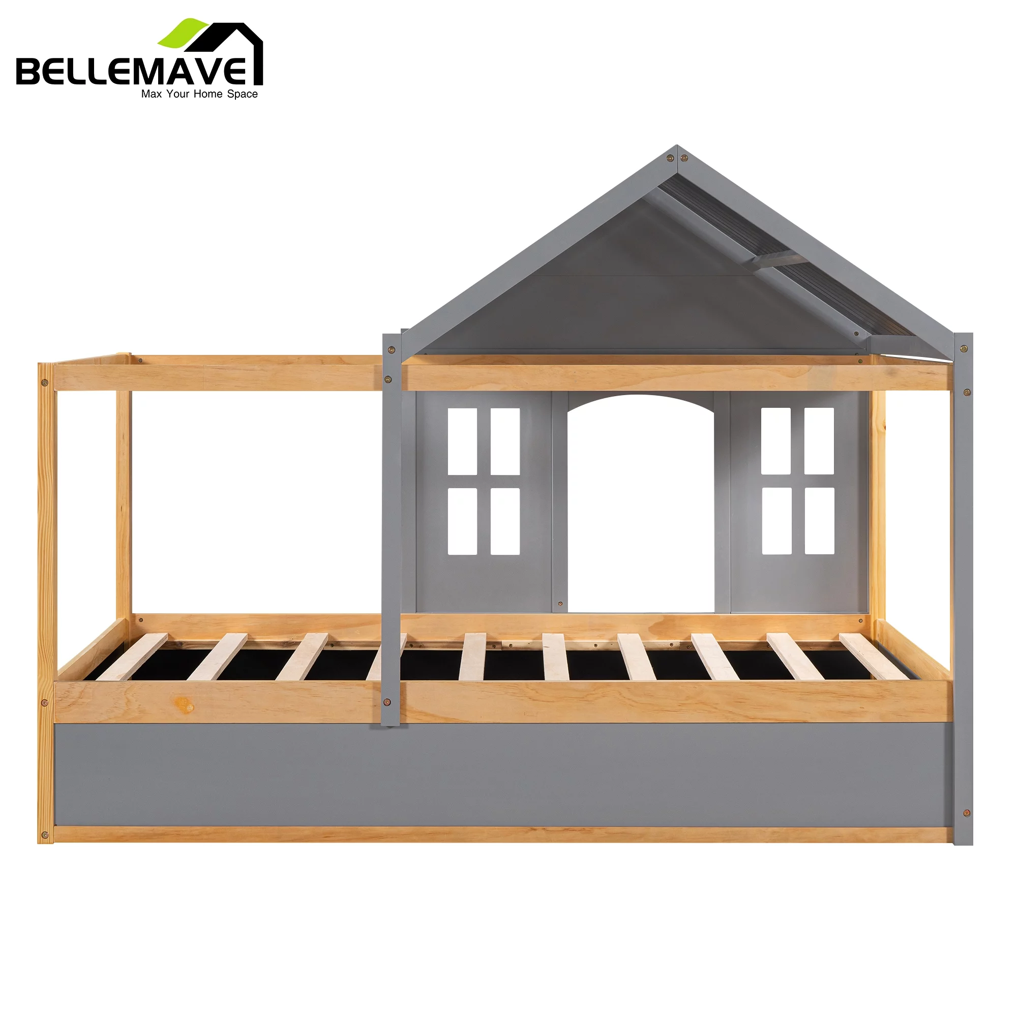 Bellameve Gray Twin Size Kids Canopy Platform Bed with Roof, Window, Blackboard and Little Shelf, Wood House Shaped Kids Platform Bed Daybed for Bedroom Living Room