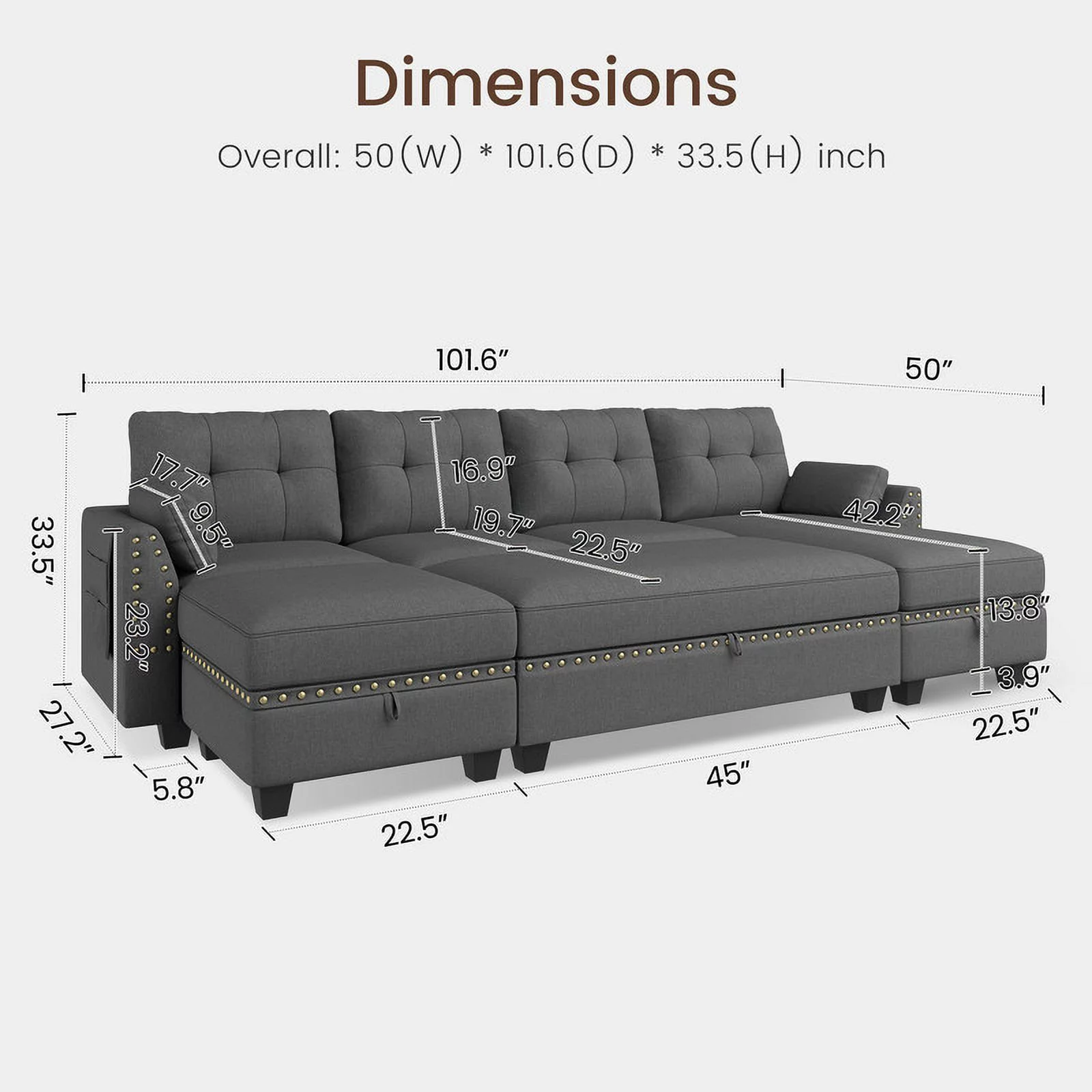 HONBAY Convertible Modern Reversible Sleeper Sectional Sofa Sets with Storage for Living Room and Apartment, Grey