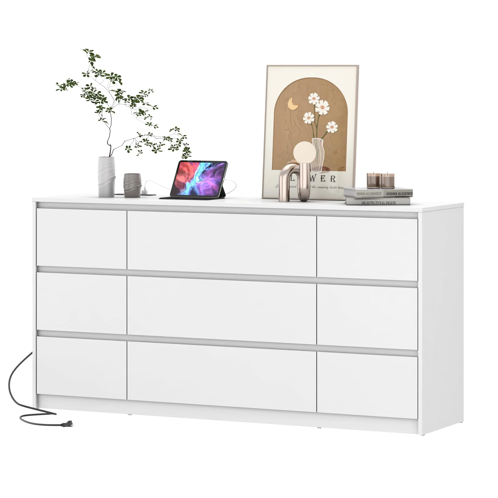 ChVans White 9 Drawer Dresser for Bedroom with Charging Station, 63