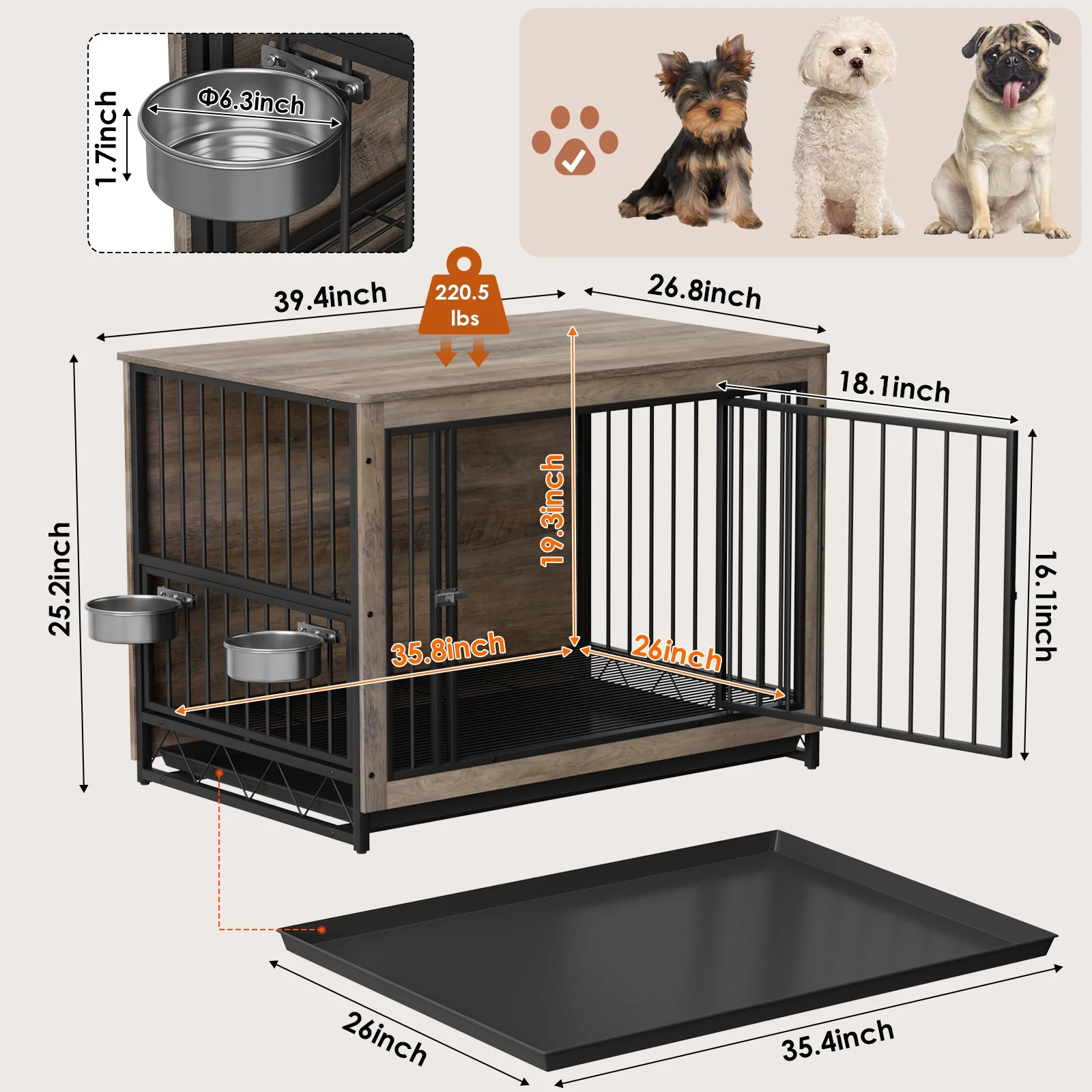 Pirecart  39.4in Wooden Dog Crate Furniture, Dog Kennels with Pull-Out Tray and 2 Bowls