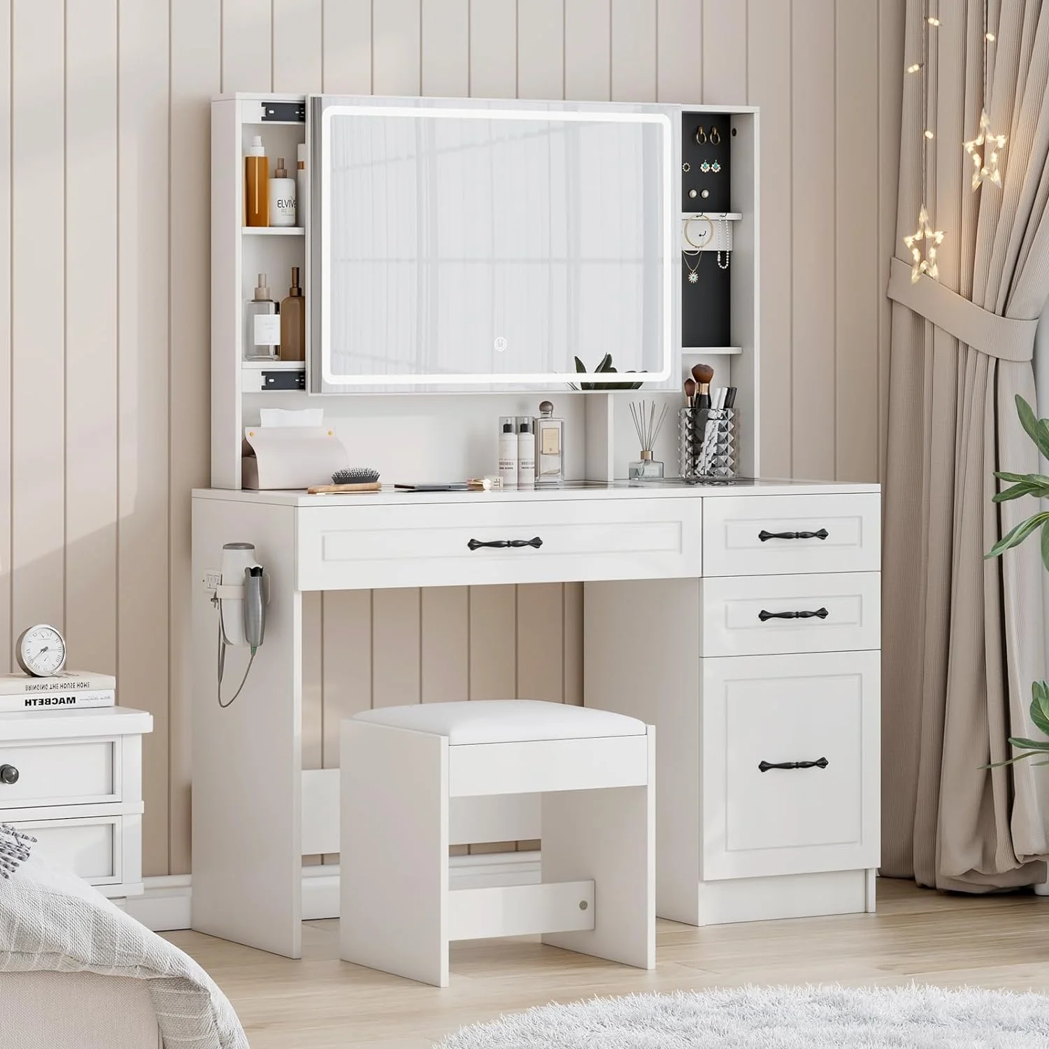 AMERLIFE Makeup Vanity Table Set with Sliding & LED Lighted Mirror, 45