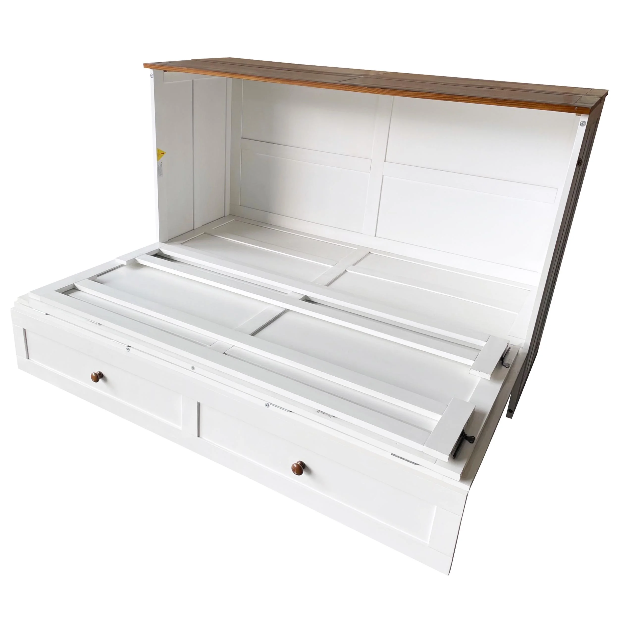 Bellemave Murphy Bed Full with Storage Drawer, Solid Wood Full Size Murphy Bed Cabinet with Charging Station, Easy Fold Modern Murphy Beds for Guest Room Home Office (White+Walnut)