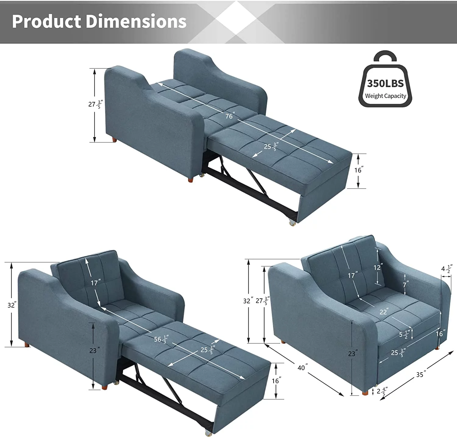 Homrest 3-in-1 Convertible Chair Multi-Functional Sofa Bed Adjustable Recliner(Blue Grey)