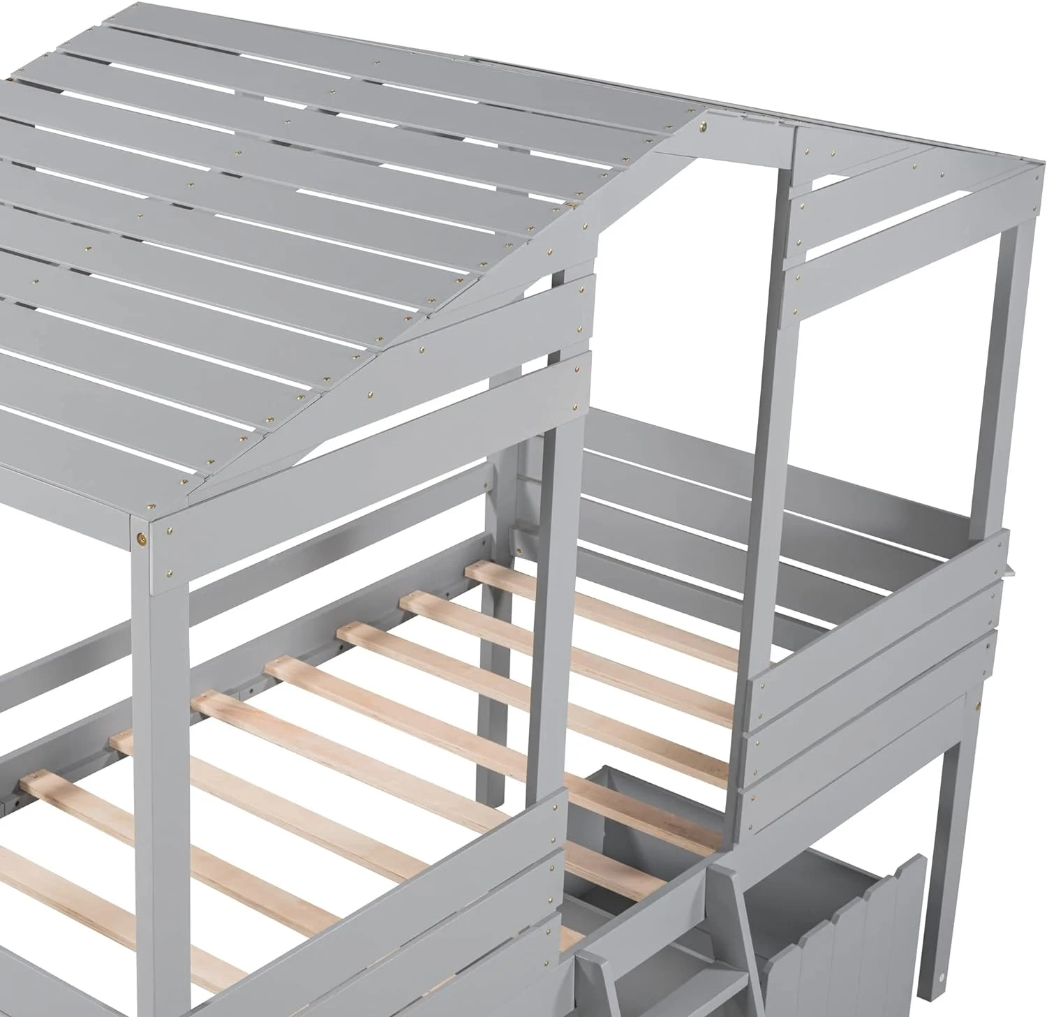 House Loft Bed For Kids,Wood House Loft Bed With Storage Drawers And Ladder, Low Loft Bedframe, Bedroom Furniture For Kids/Boys/Girls (Gray)