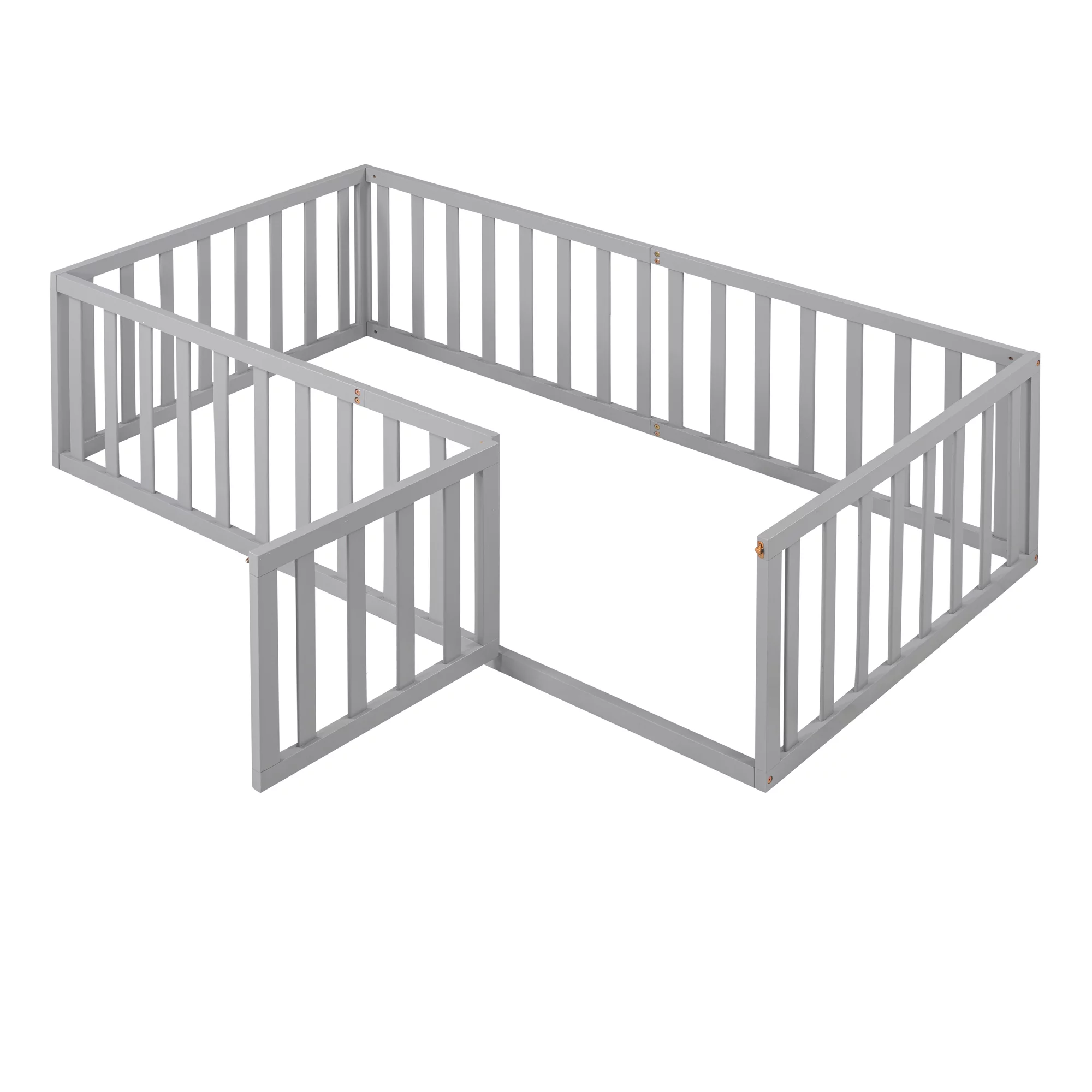 Wood Floor Bed with Fence and Door for Kids, Twin, Gray