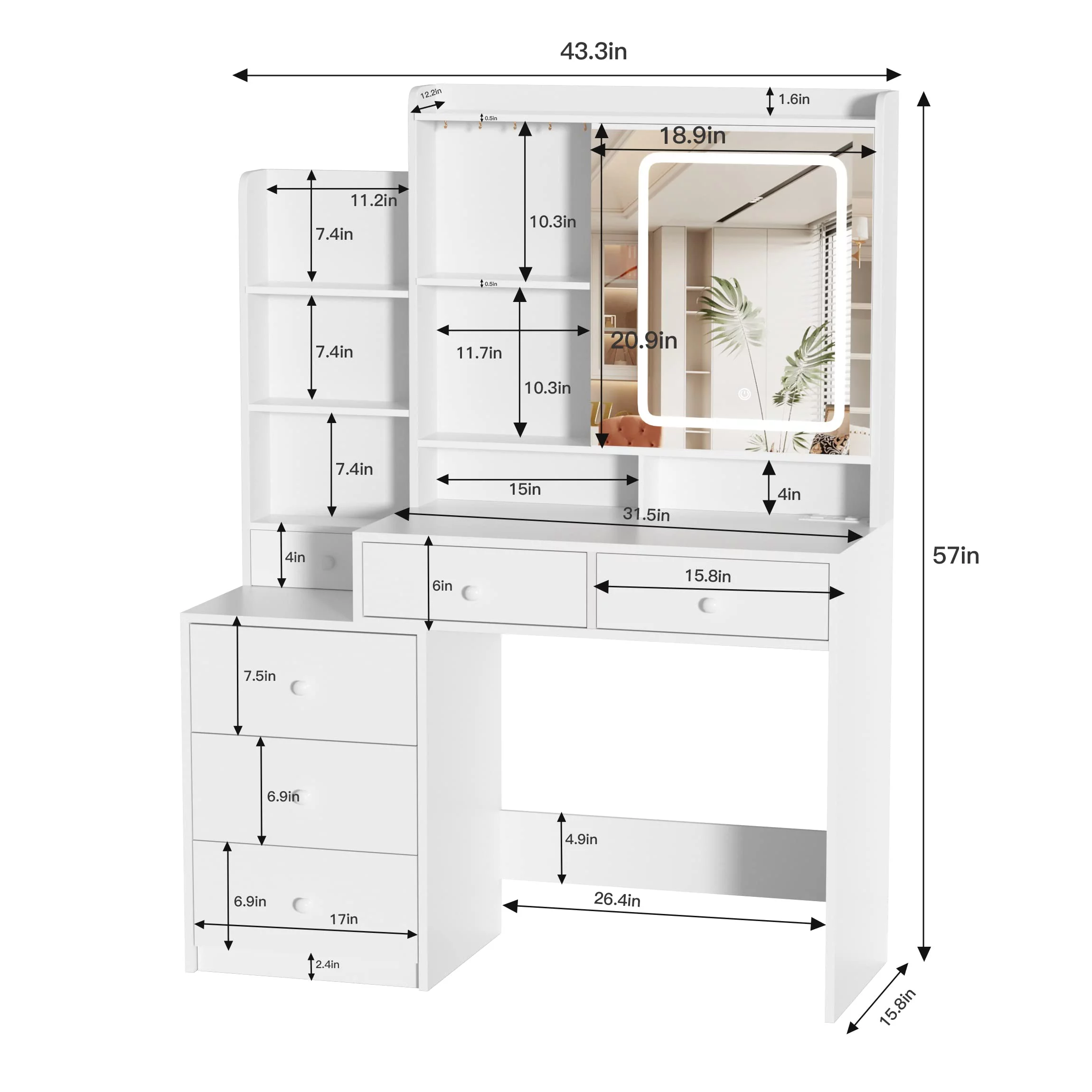 Veanerwood Vanity Table with Mirror and Lights, Modern Makeup Vanity Desk with Drawers and Power Strip, Bedroom Dressing Table, 43.3in, White