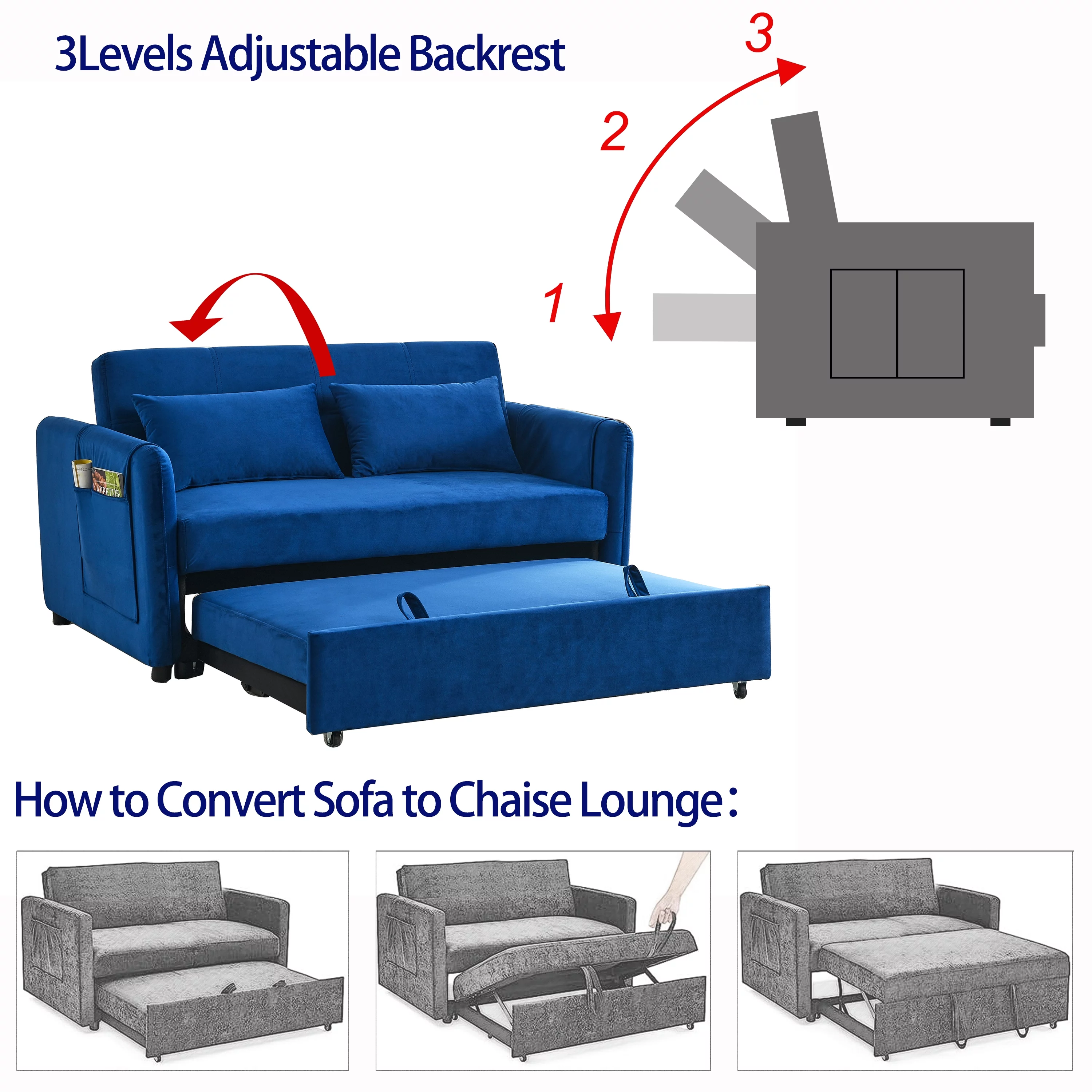 Modern Velvet Pull Out Convertible Sleeper Sofa Bed, Folding Loveseat Futon Couch with Adjustable Backrest Lumbar Pillows for Living Room Bedroom Office