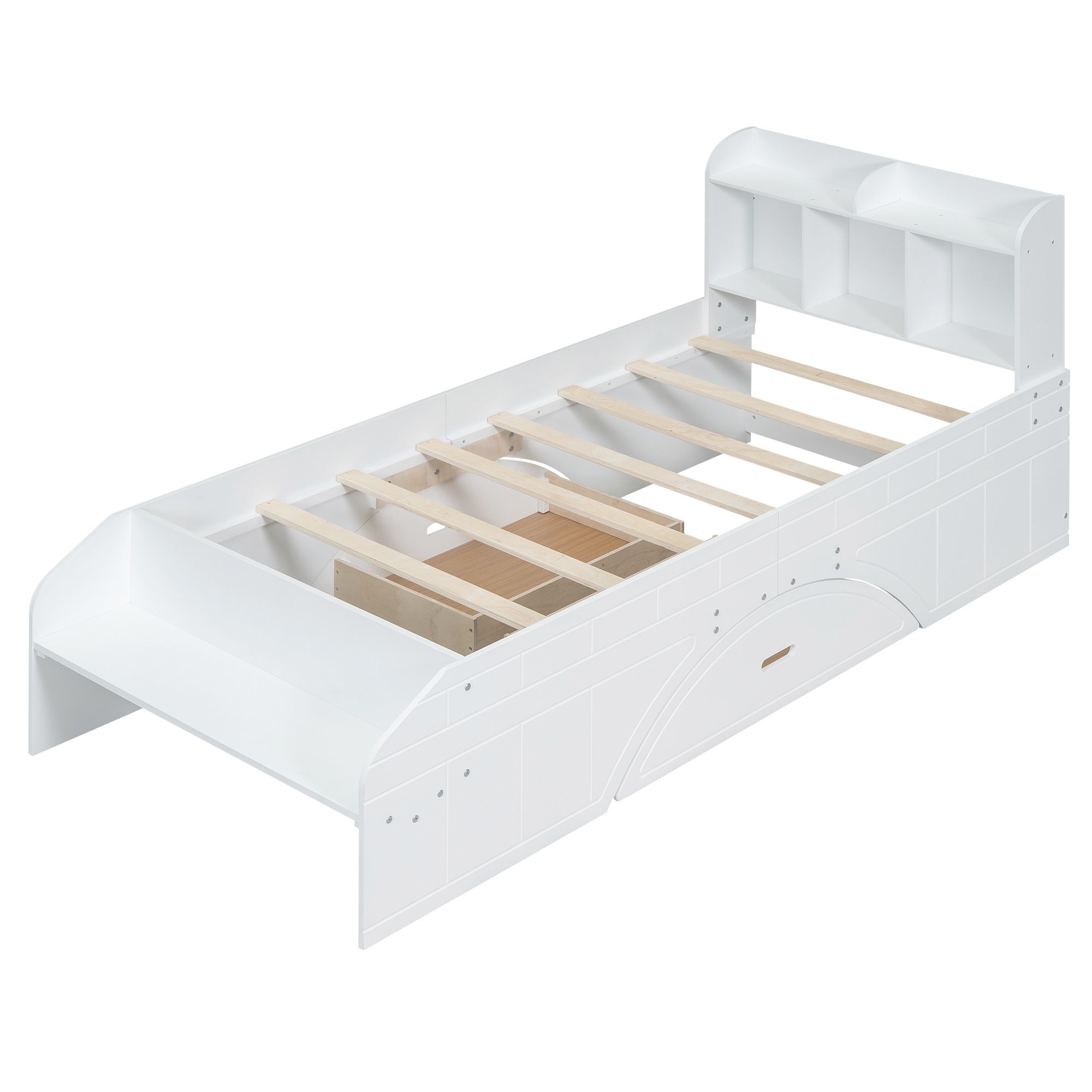 Solid Wood Bed Frame with 2 Drawers, Storage Headboard and Footboard, Platform Bed Frame, Mid Century Bedframe, Multi-Storage Space Wood Foundation(White, Twin)