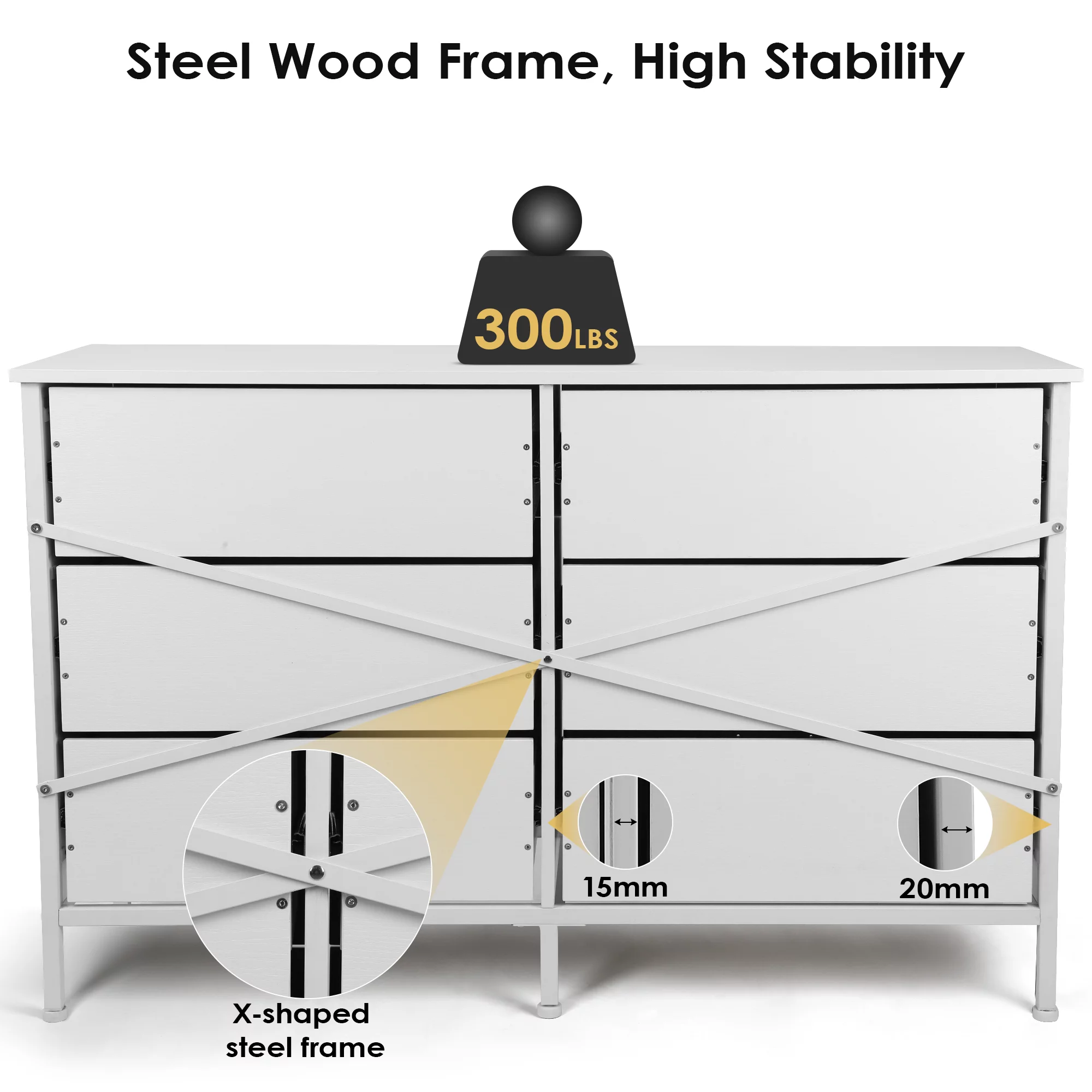 47.3'' Drawer Dresser Chest of 6 Drawers, Storage Dresser Tower for Bedroom, Living Room, Hallway, Nursery, White Storage Cabinet Wooden Dresser with Steel Frame, White