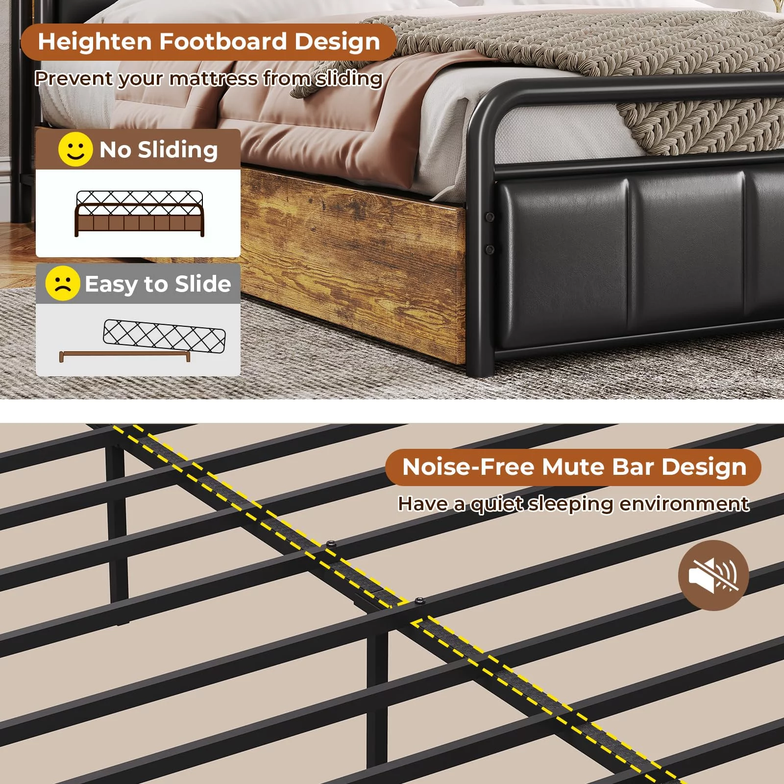 Queen Size Bed Frame with Storage Headboard & Hidden Storage Metal Platform LED Bed Frame with 4 Drawers & Charging Station,Upholstered Headboard,Noise-Free,Black