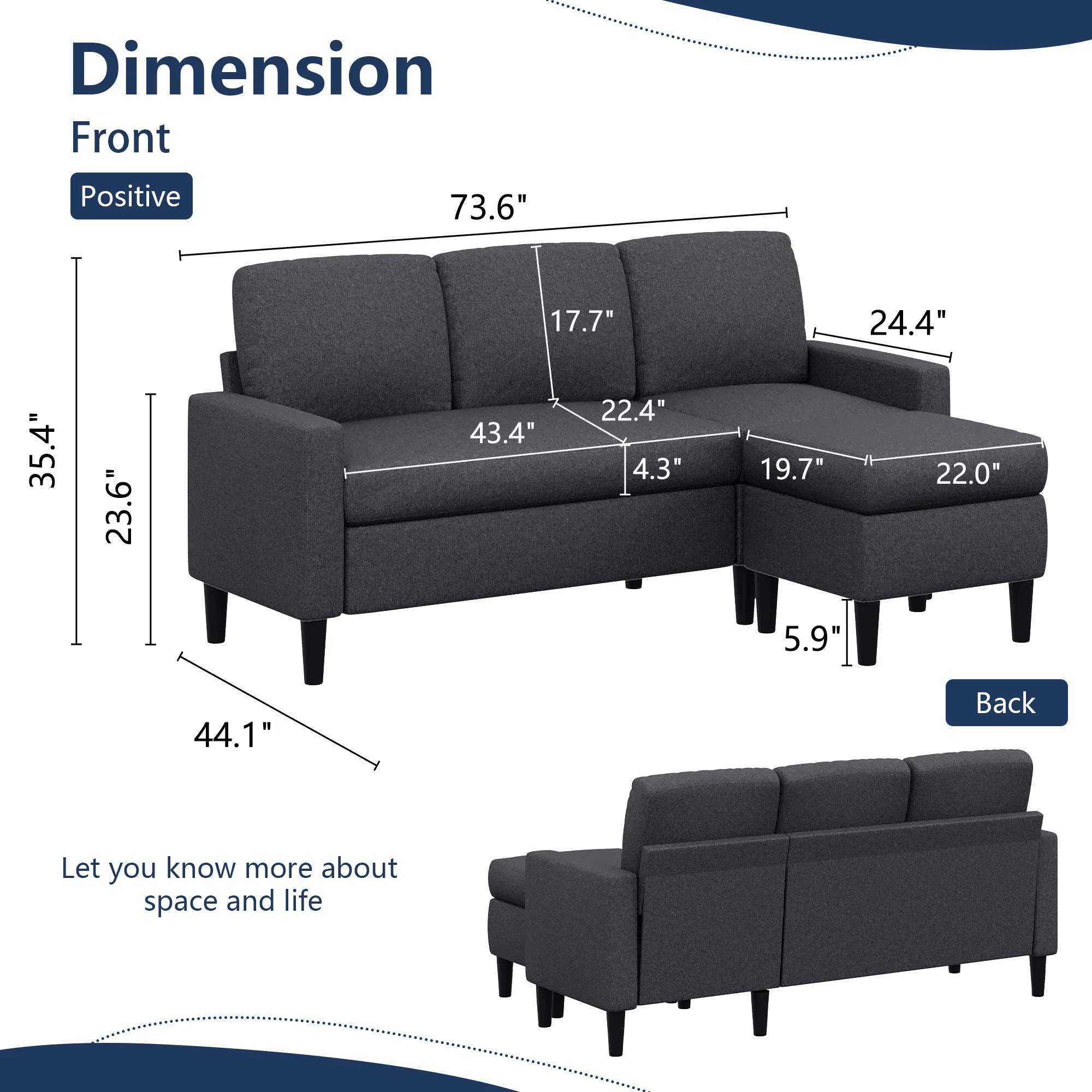 Walsunny Convertible Sectional Sofa Couch,Modern Linen Fabric L-Shaped Couch 3-Seat Sofa with Reversible Chaise for Small Space(Grayish Black)