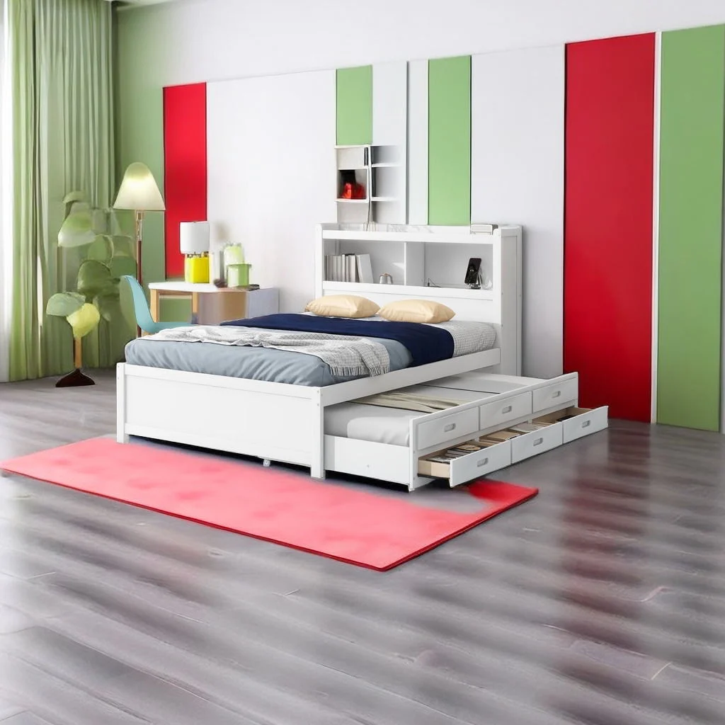 Full Size Platform Bed with Trundle, Wooden Platform Bed with Drawers and USB Plugs, Storage Platform Bed for Boys Girls Teens Adult, No Box Spring Needed