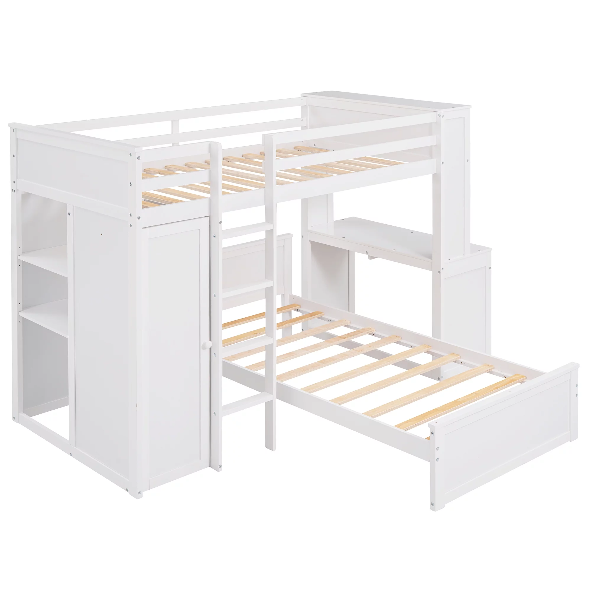 THINK 30,Twin Size Loft Bed with Desk and Wardrobe, Wood Convertible Bunk Bed with Storage Drawers and Shelves, Wooden Loft Bed Frame for Kids Teens, No Box Spring Needed, White
