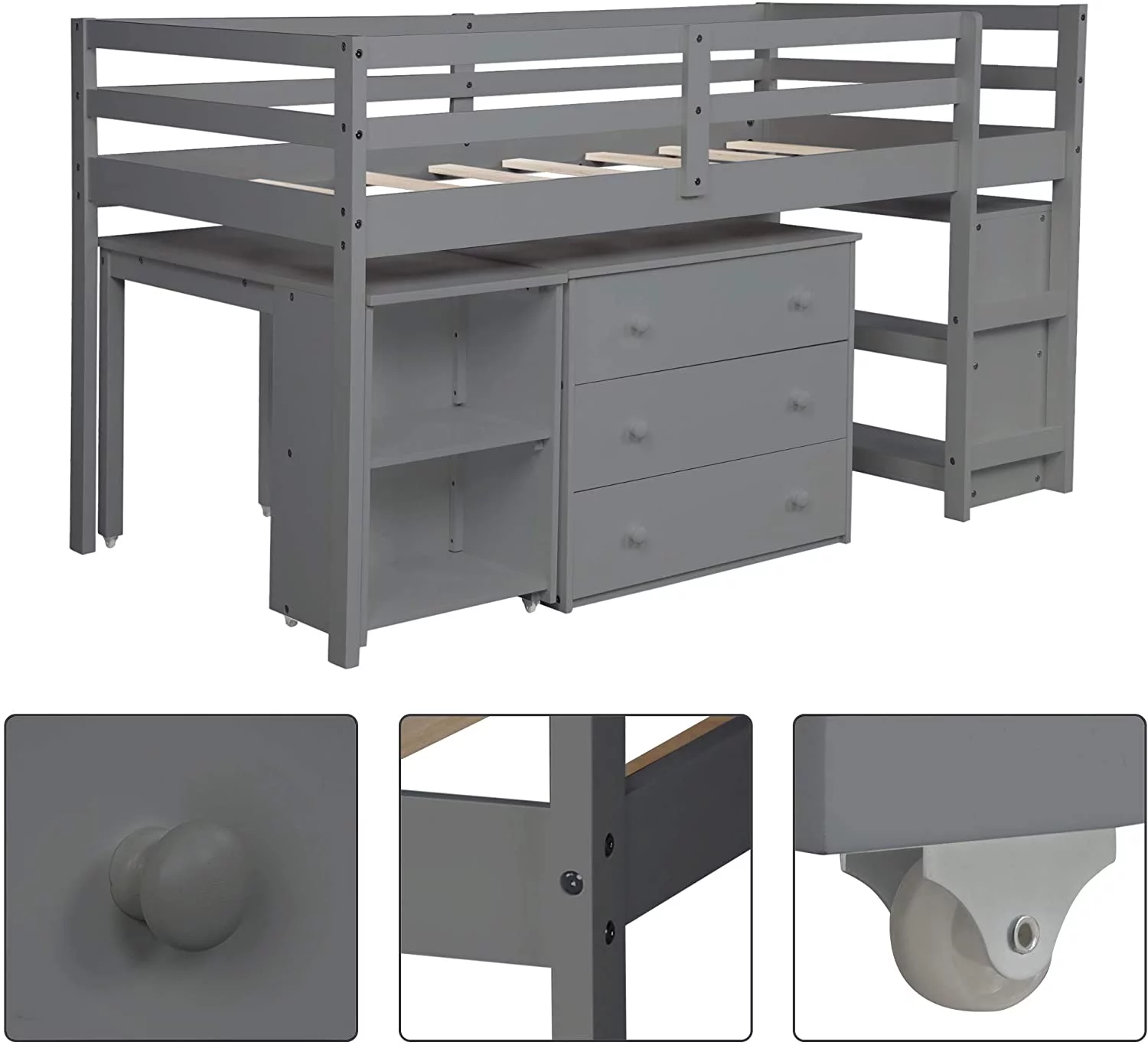 CHURANTY Solid Wood Twin Low Loft Bed with Desk and Storage Drawers Cabinet Rolling Portable Desk