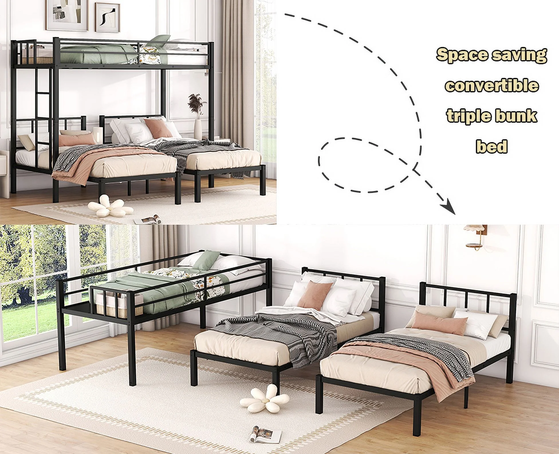 Bellemave Triple Bunk Bed Twin XL over Twin and Twin Metal Bunk Bed Frame with Storage Shelf Space Saving Bunk bed with Build-in Table Convertible 3 Bunk Bed for Kids Teens Boys Girls, Black