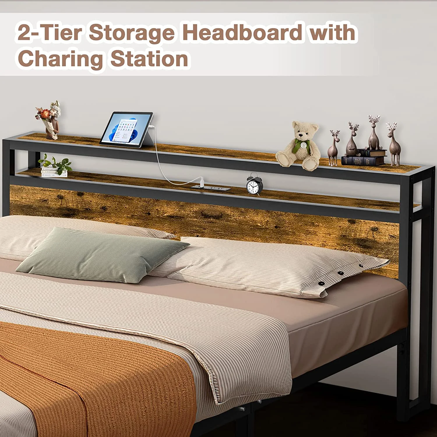 Codesfir Bed Frame Industrial Platform Bed with Charging Station 2-Tier Storage Headboard and Strong Support Legs, Noise-Free, No Box Spring Needed (Full Size, Vintage Brown)