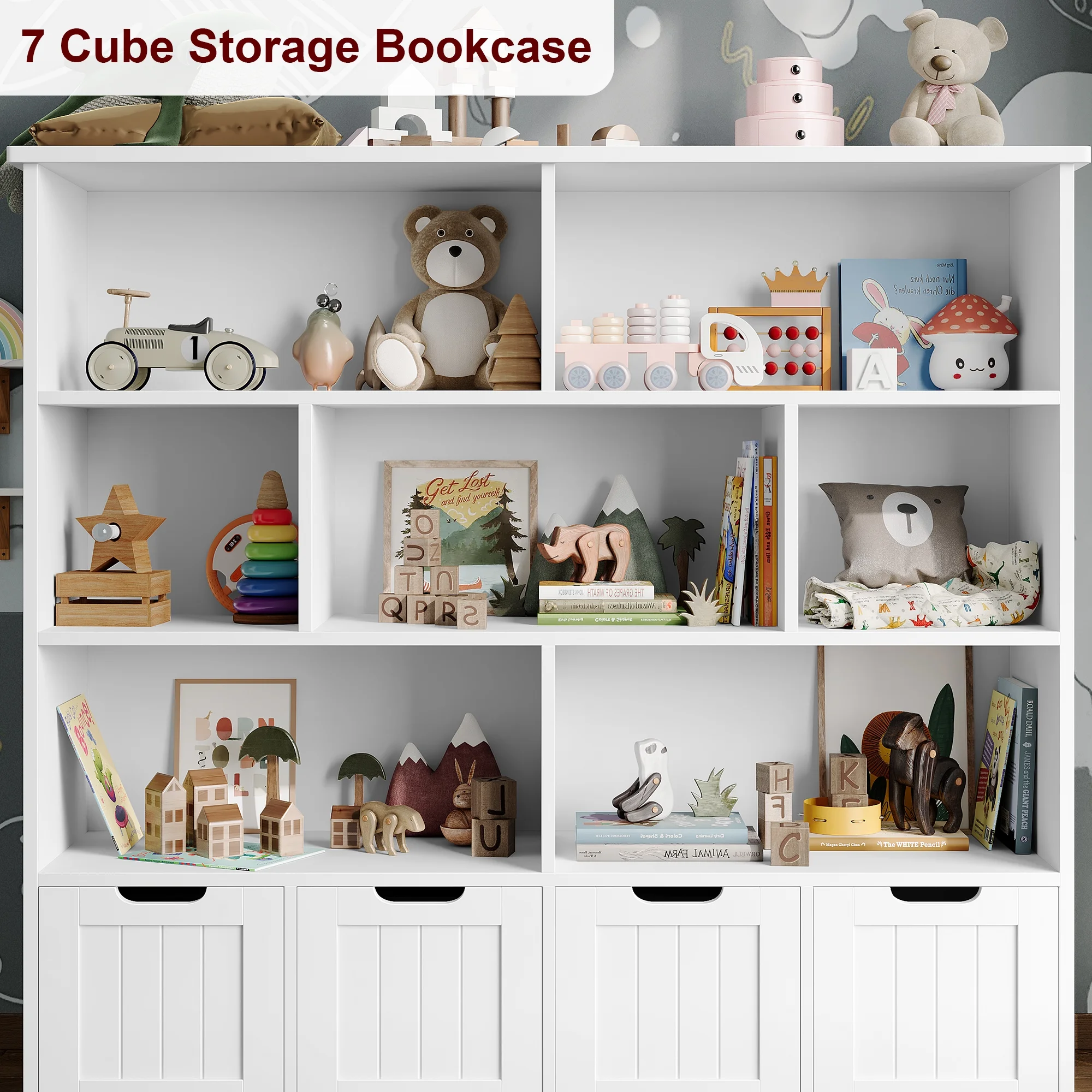 Homfa 7 Cube Toy Storage  Organizer, Kids Geometric Bookcase and Bookshelf with 4 Drawers, White