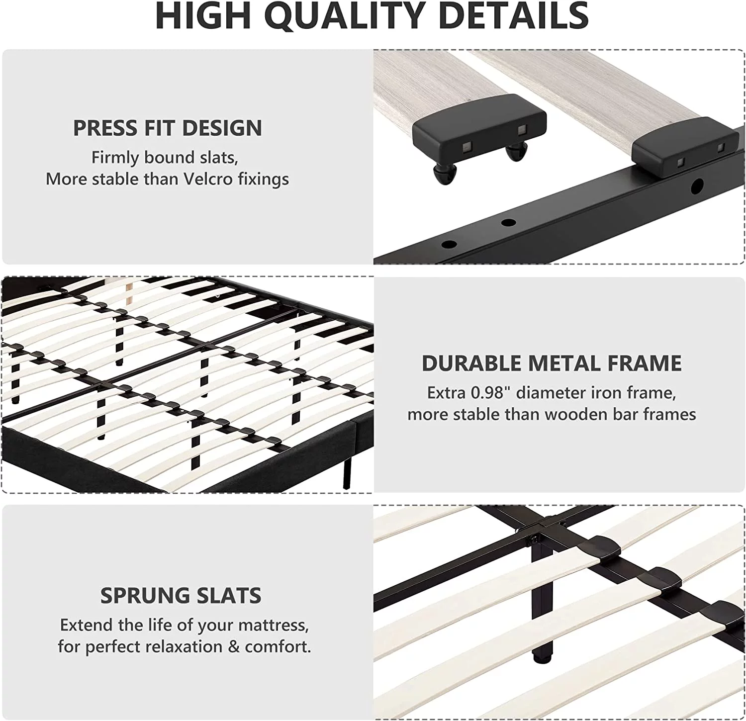 Flolinda Queen Bed Frame Upholstered Bed Frame with Vertical Channel Tufted Complete High Headboard, Black