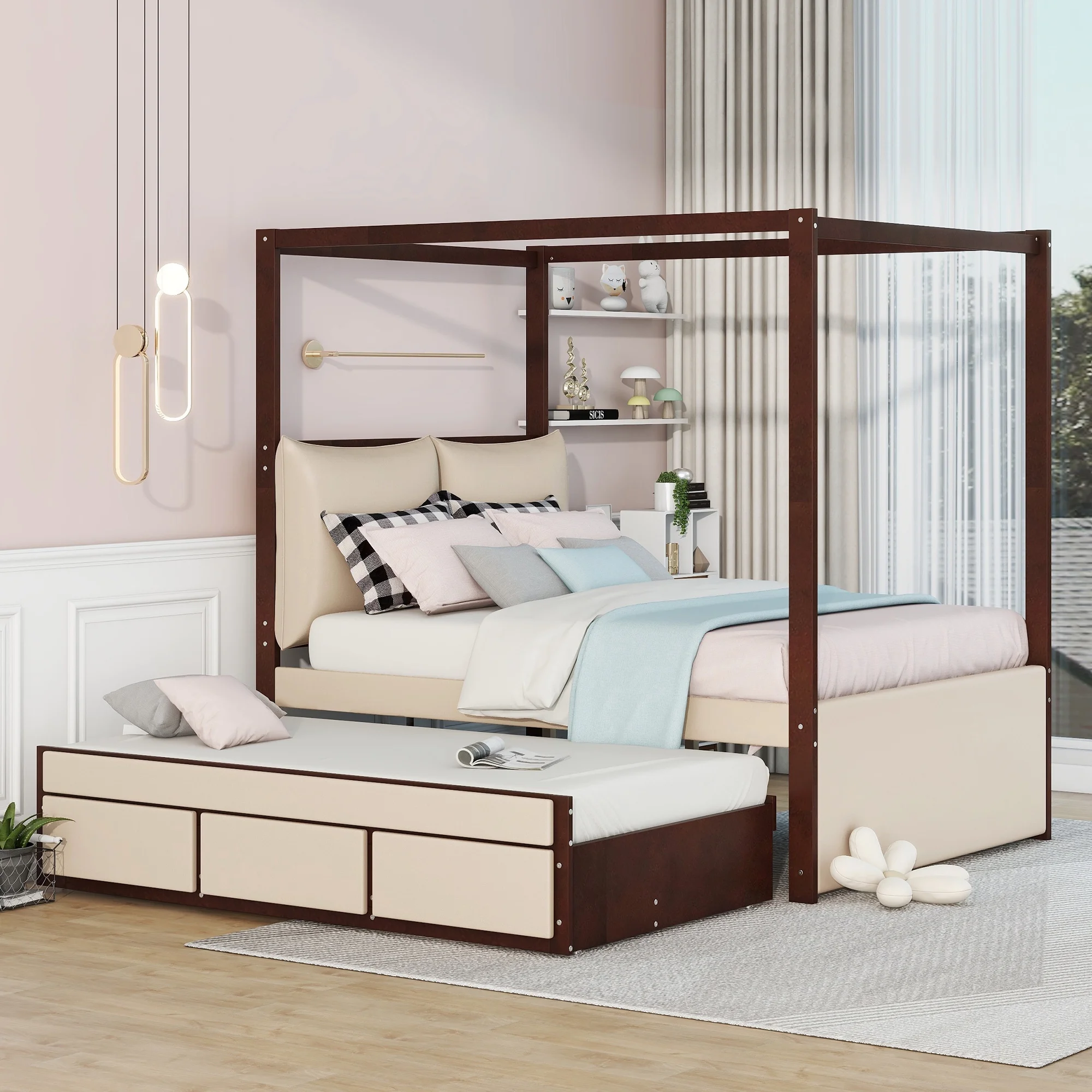 Churanty Full Size Upholstered Canopy Bed with Trundle and 3 Drawers, Beige