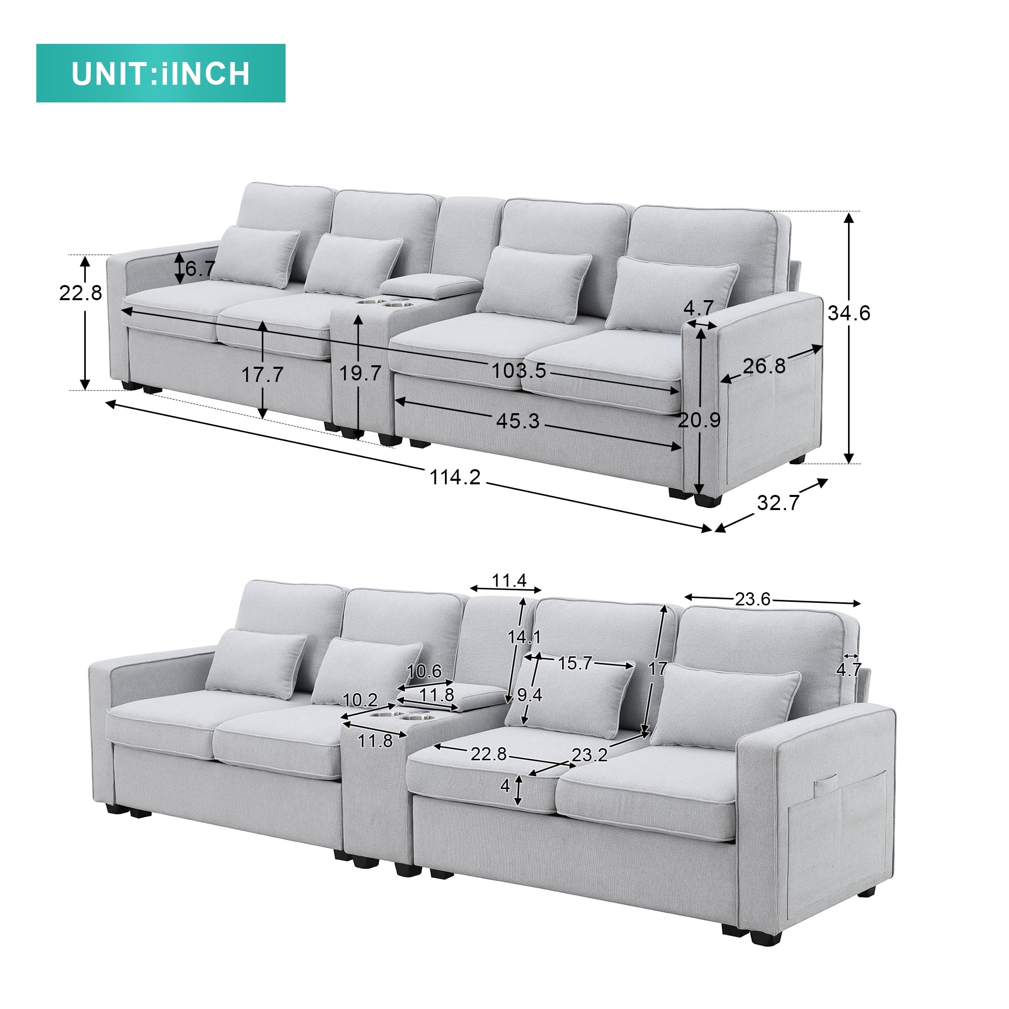 Modern 4 Seater Large Sofa with Console, Linen Fabric Upholstered Couch with USB Charging Ports Cup Holders for Living Room Office