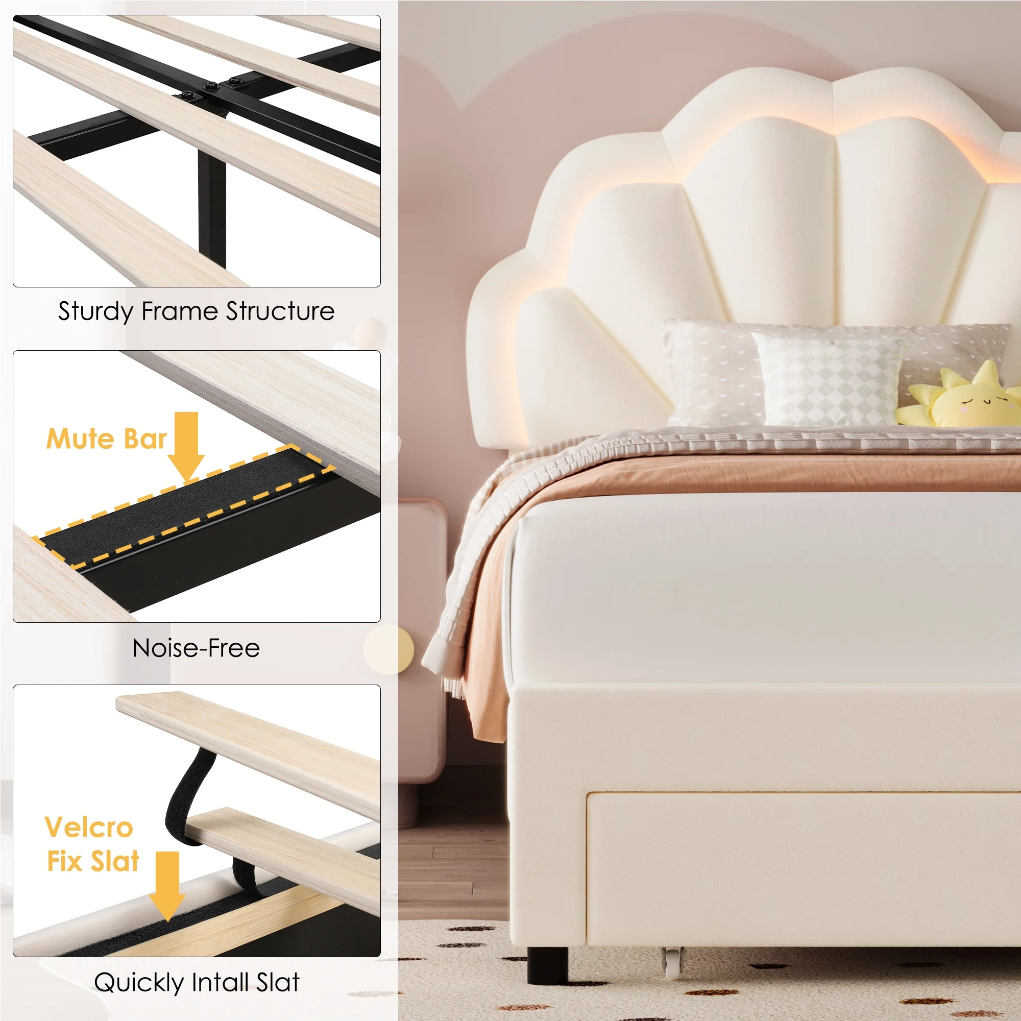 Homfa Twin Size LED Bed Frame with Drawer, Velvet Upholstered Platform Bed with Adjustable Petal Headboard for Kid, Beige