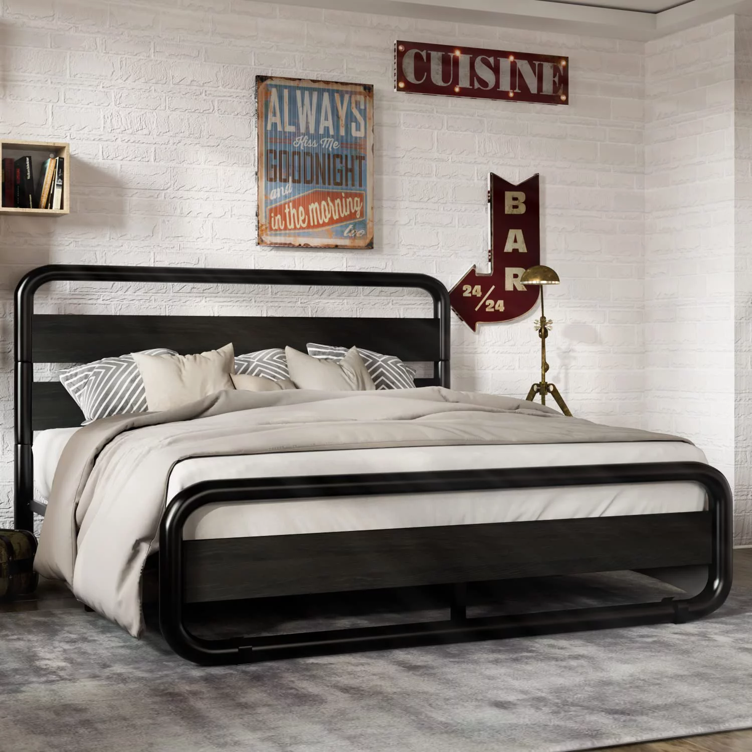 Size Metal Bed Frame with Round/Curved Wooden Headboard and Footboard  Platform Bed Frame with Under Bed Storage  Heavy Duty Metal Mattress Foundation  No Box Spring Needed  Modern  Black