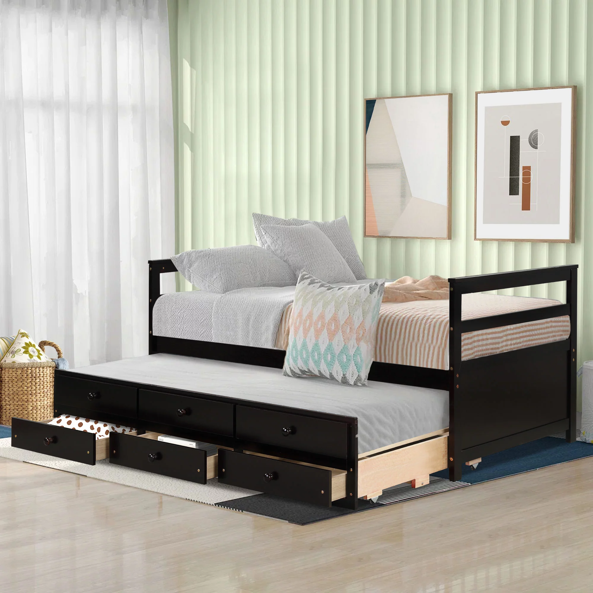 Superjoe Twin Trundle Bed with 3 Drawers Captain Bed Daybed, Wood Frame with Storage, Great for Kids Teens Guests, Brown